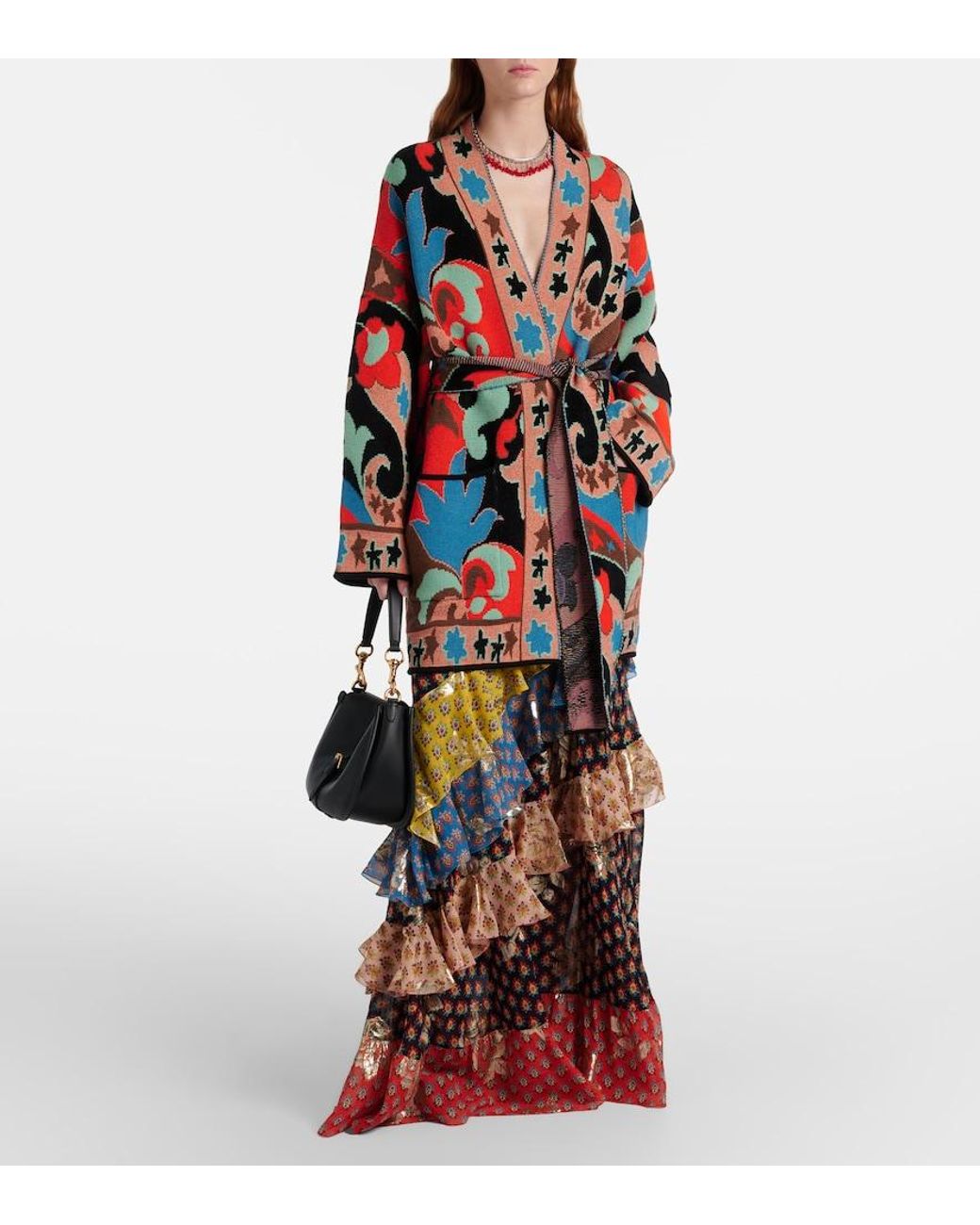 Etro Red Jacquard Wool-Blend Wrap Cardigan