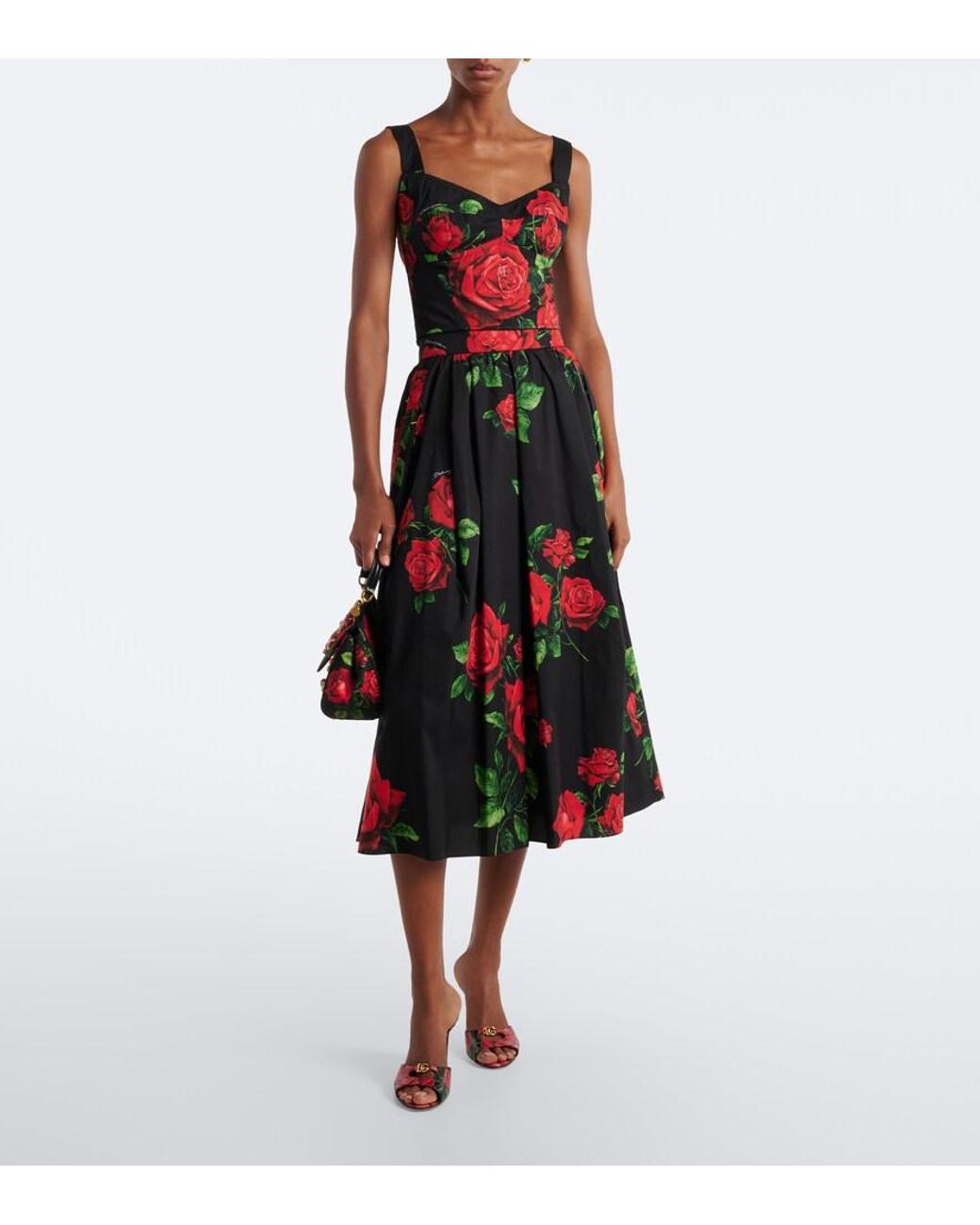 Dolce & Gabbana Red Floral Cotton Poplin Midi Skirt