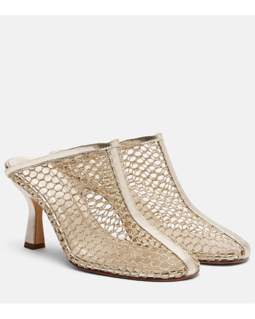 Souliers Martinez Natural Giulia Leather-Trimmed Fishnet Mules