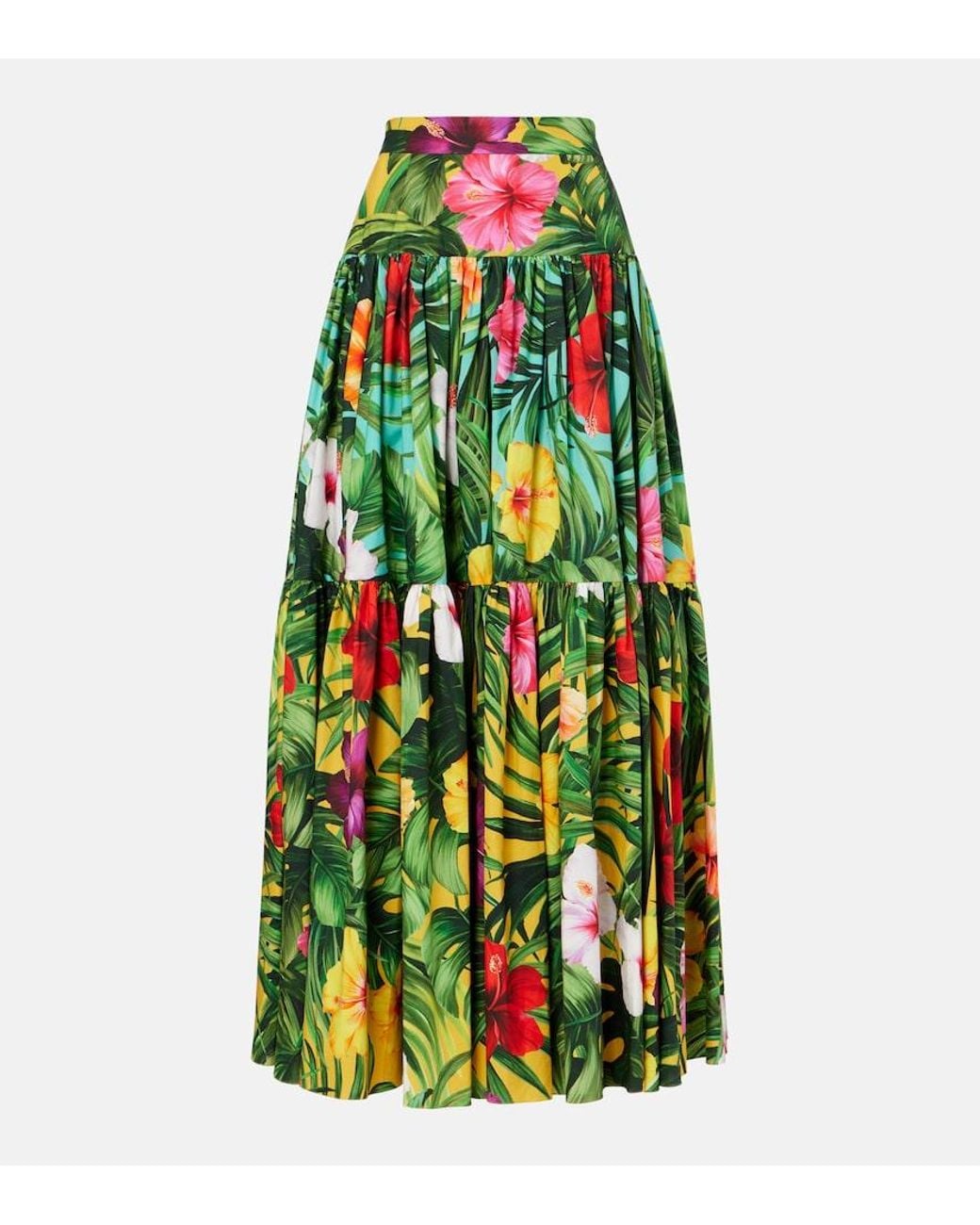 Dolce & Gabbana Green Floral Tiered Cotton Maxi Skirt