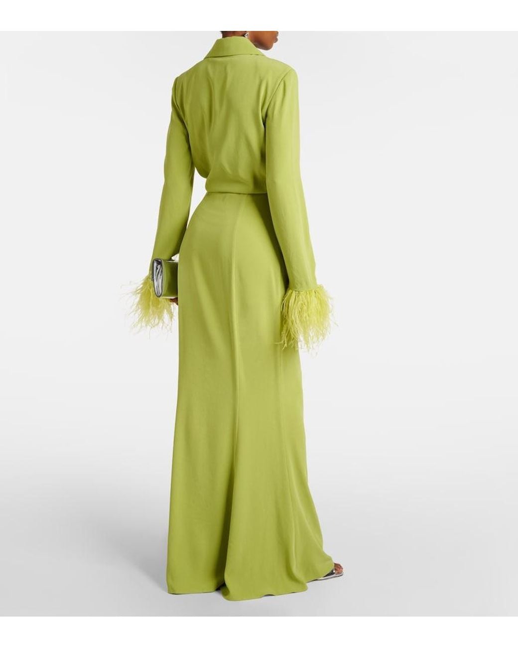 Roland Mouret Green Feather-Trimmed Crepe Satin Shirt Dress