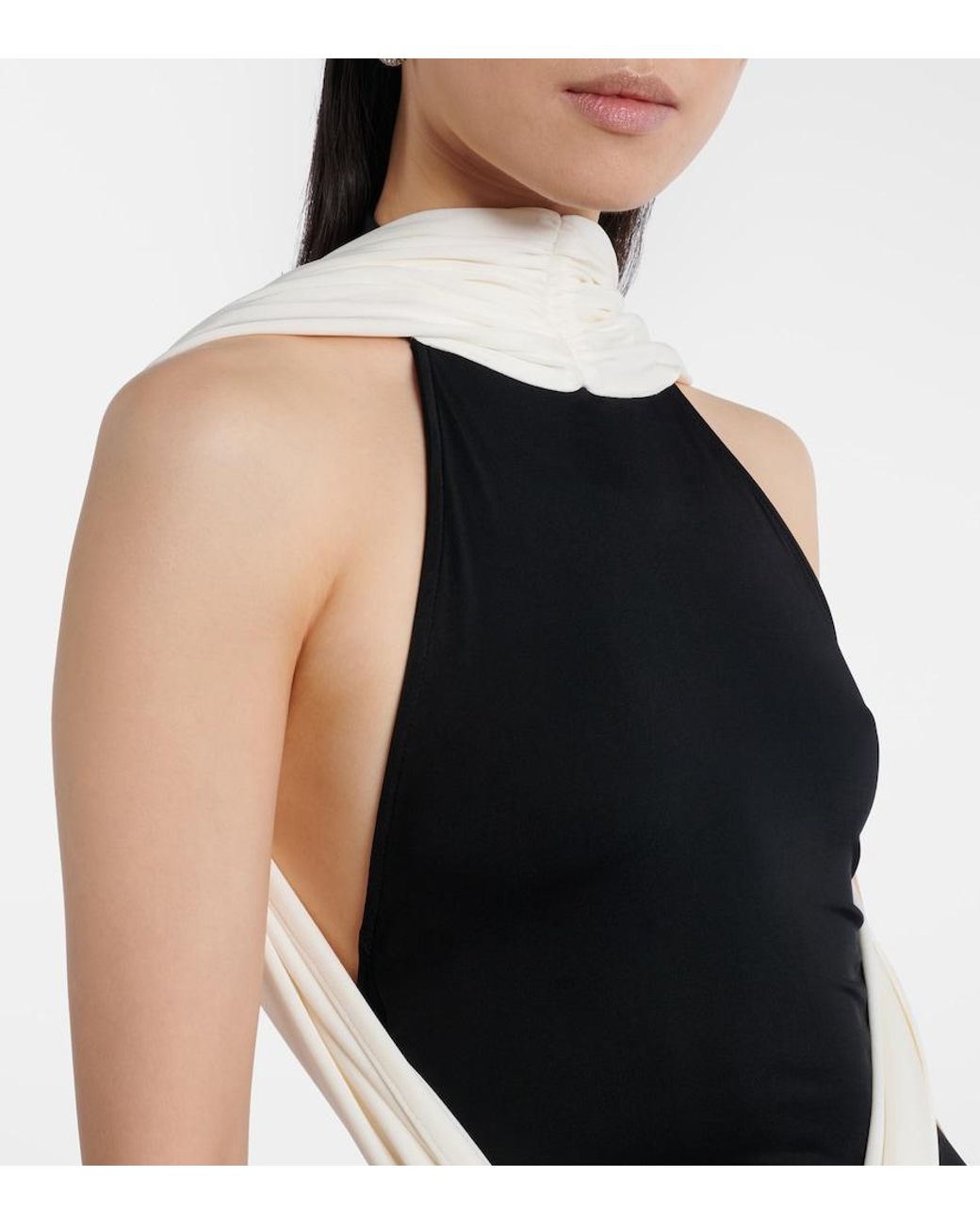 The New Arrivals Ilkyaz Ozel Black Leia Scarf-Detail Halterneck Gown