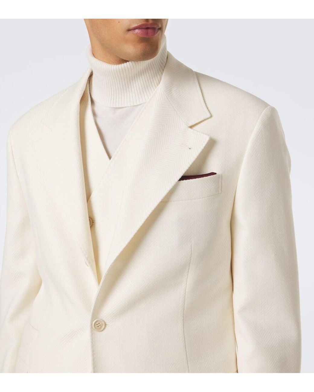 Brunello Cucinelli Natural Herringbone Wool And Cotton Blazer for men