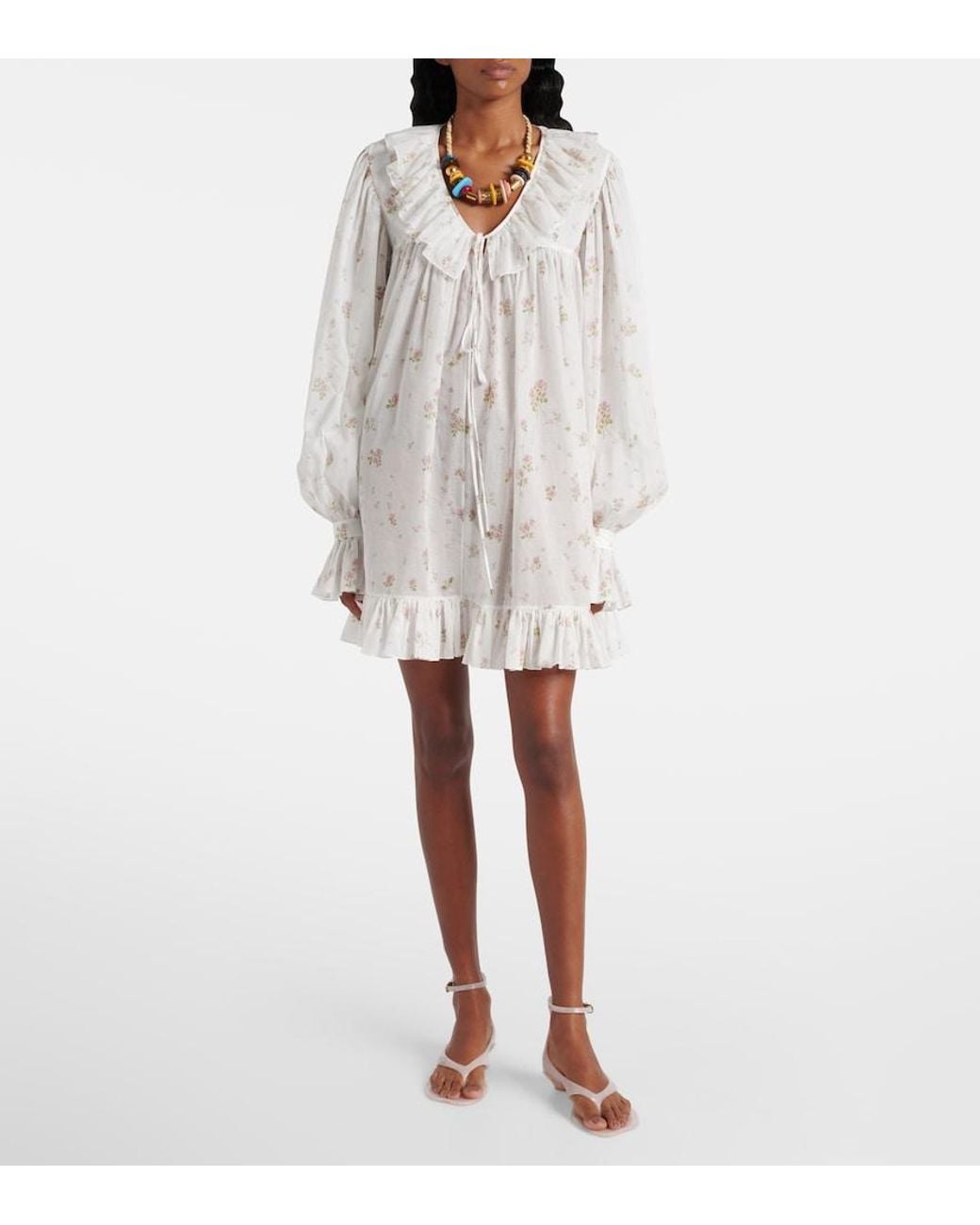 Chloé White Printed Ruffled Cotton Minidress