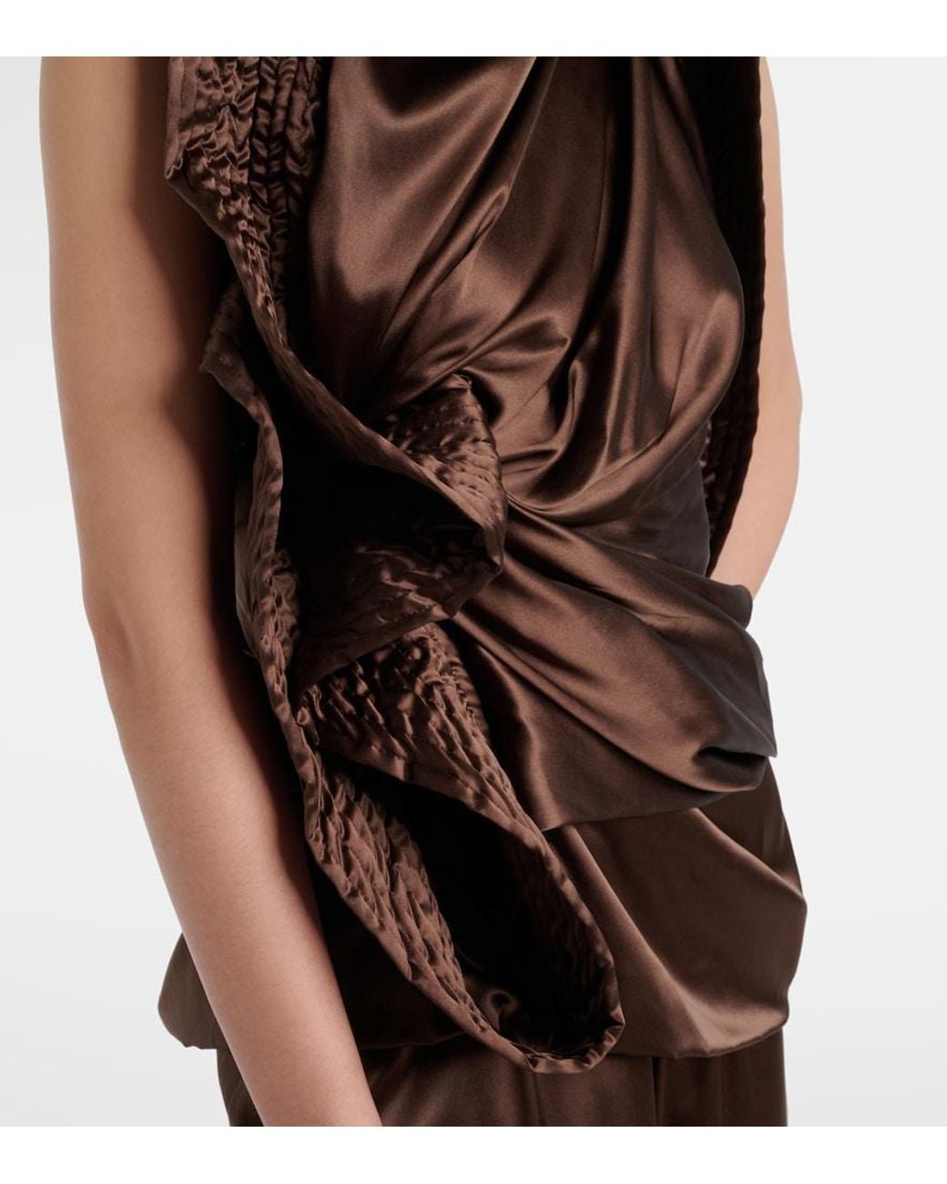 Dries Van Noten Brown Asymmetric Draped Silk-Blend Satin Top