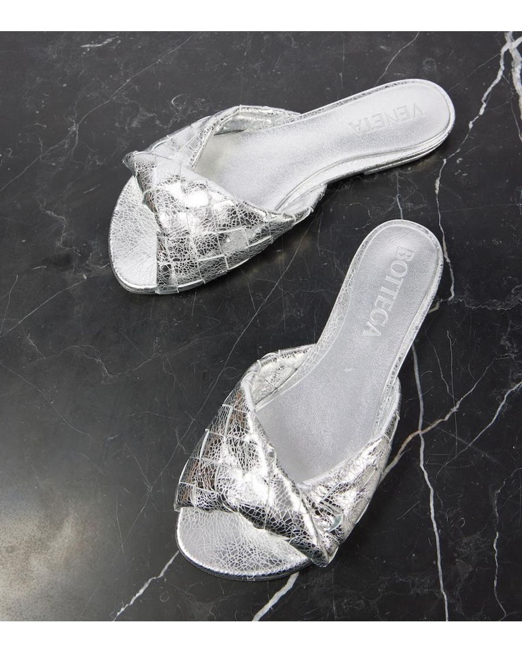 Bottega Veneta White Blink Intrecciato Metallic Leather Mules