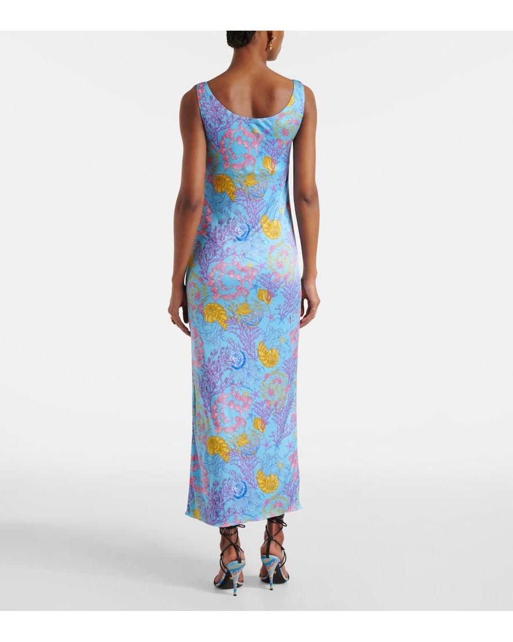 Versace Blue Underwater Barocco Draped Jersey Gown