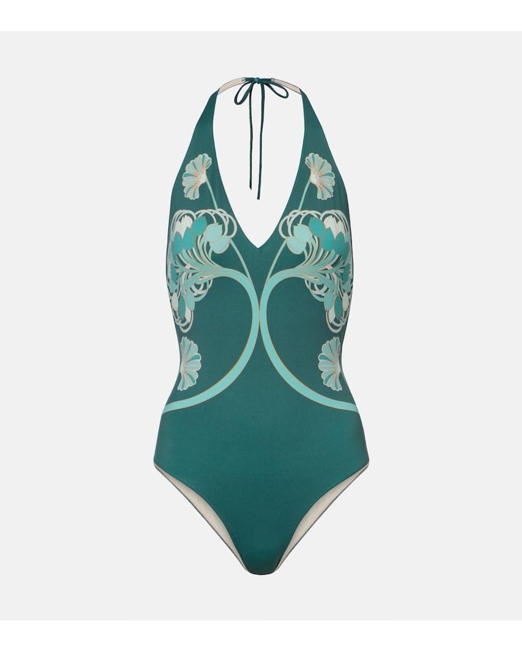 LaDoubleJ Green Printed Halterneck Swimsuit