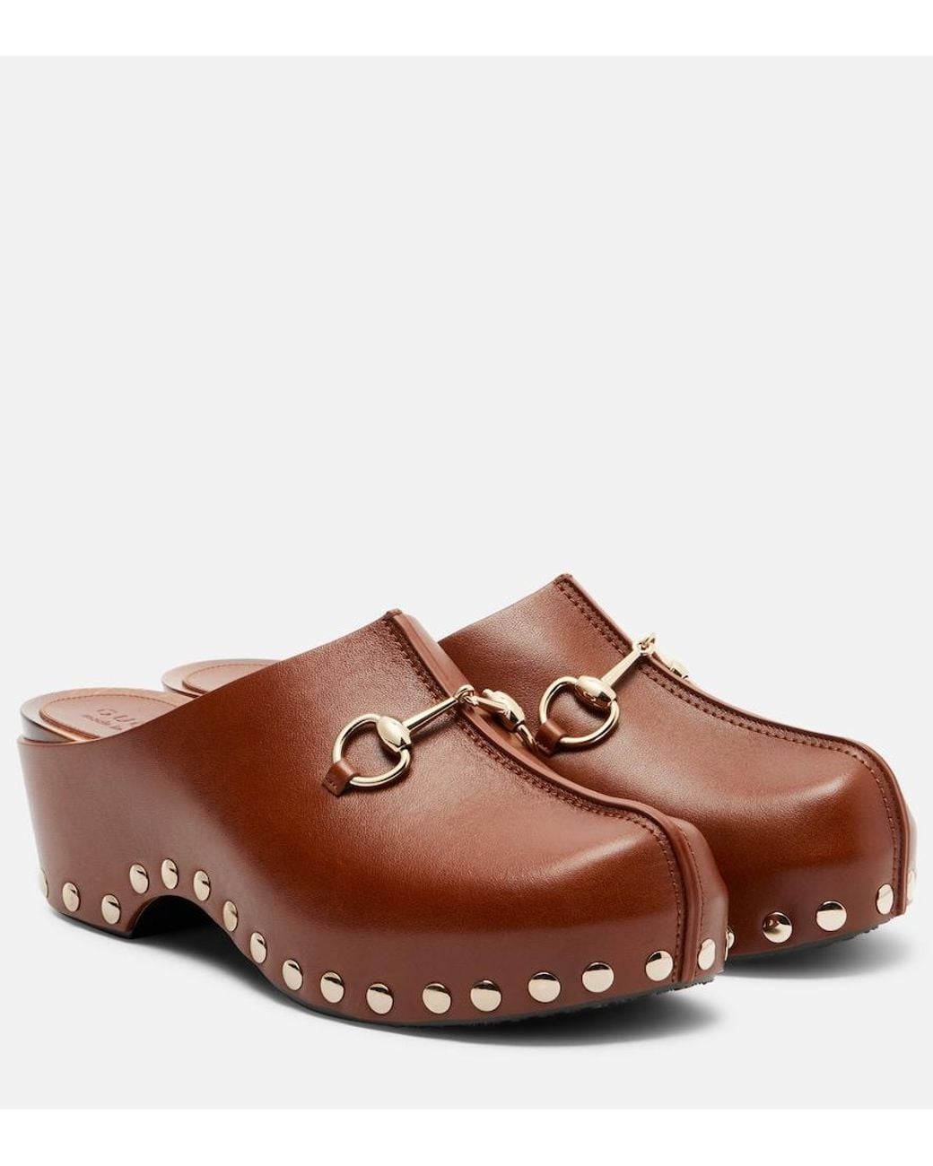 Gucci Brown Horsebit Studded Leather Platform Clogs