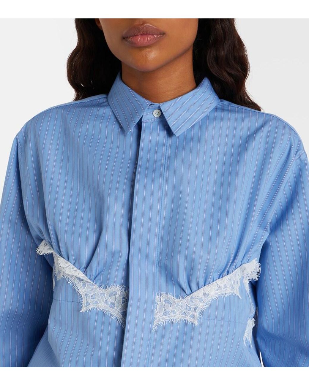 Sacai Blue Lace-Trimmed Striped Cotton-Blend Poplin Shirt