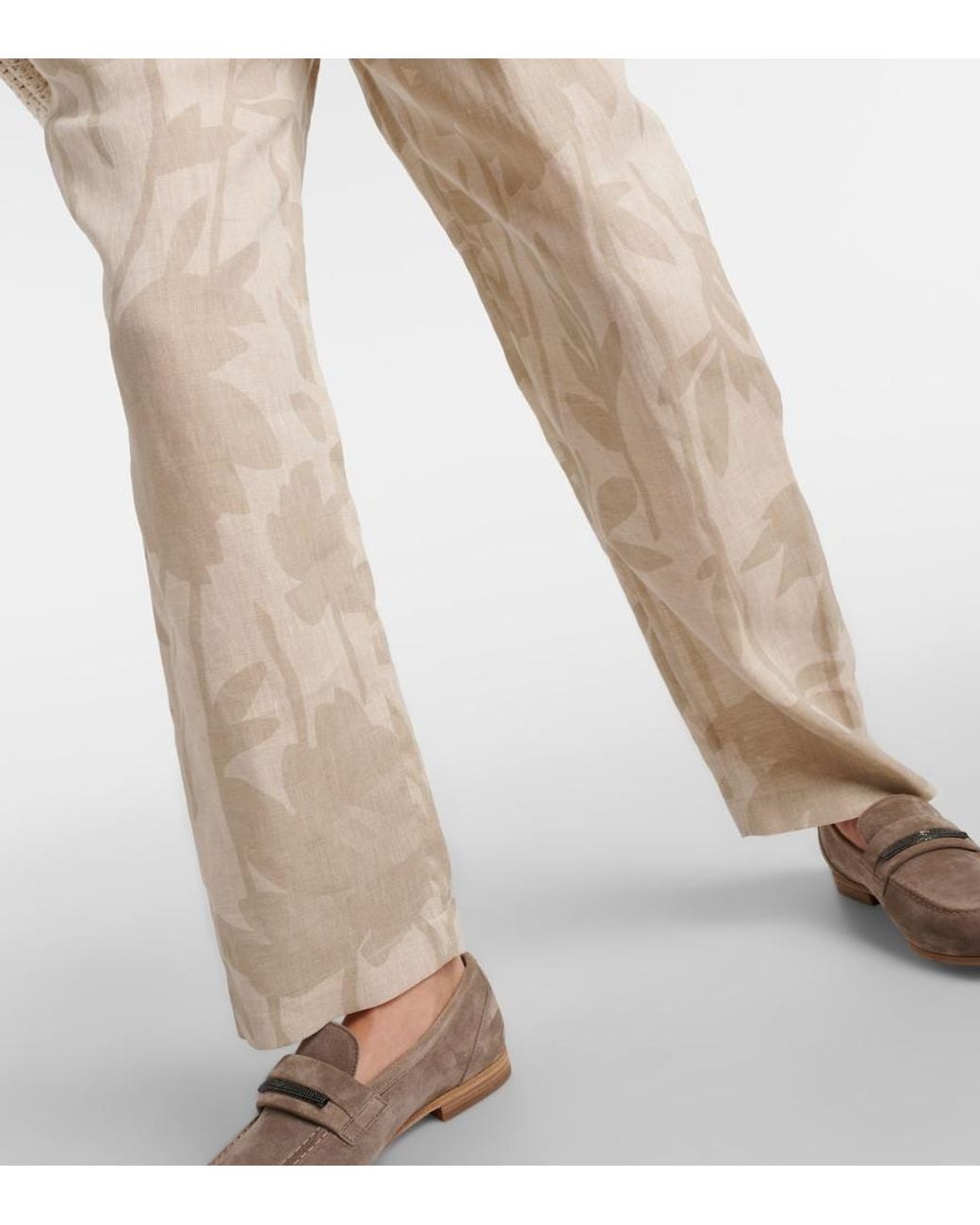 Brunello Cucinelli Natural Printed Linen Tapered Pants