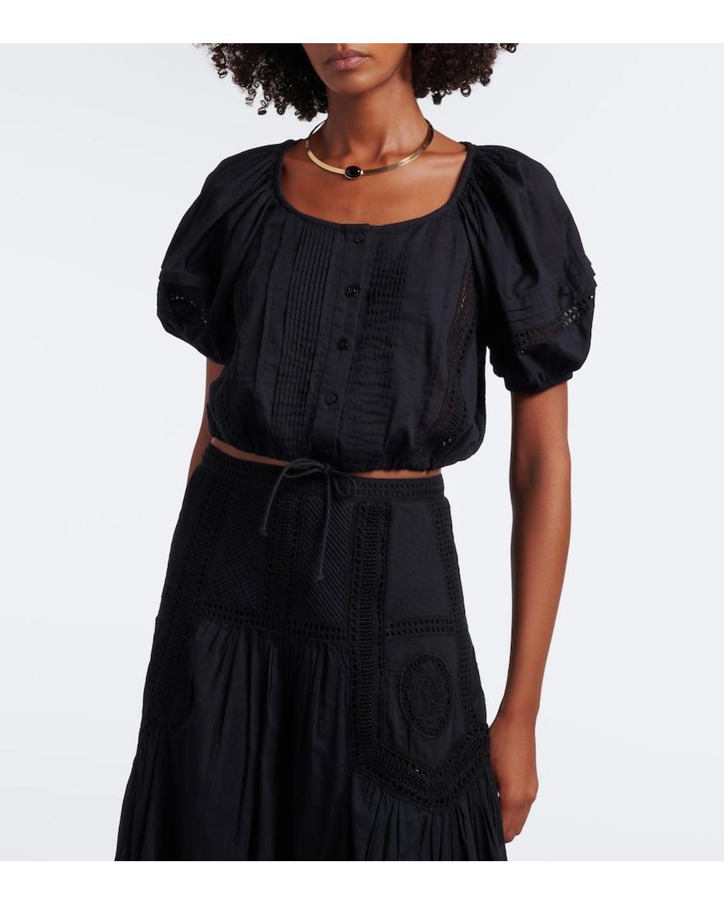 Ulla Johnson Black Clara Embroidered Cotton Crop Top