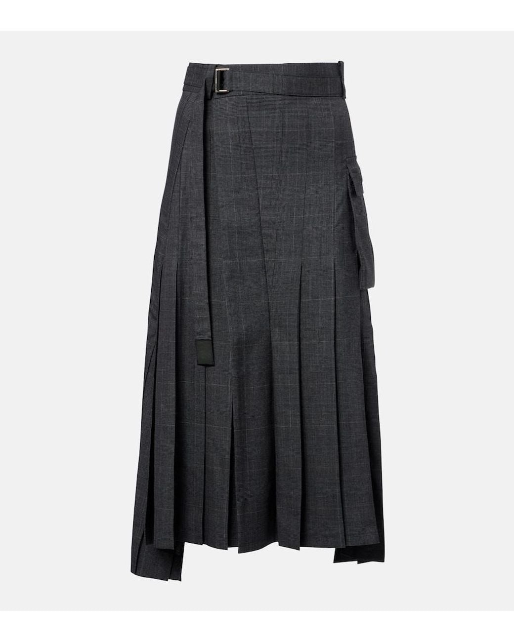 Sacai Black Prince Of Wales Check Wool Midi Skirt