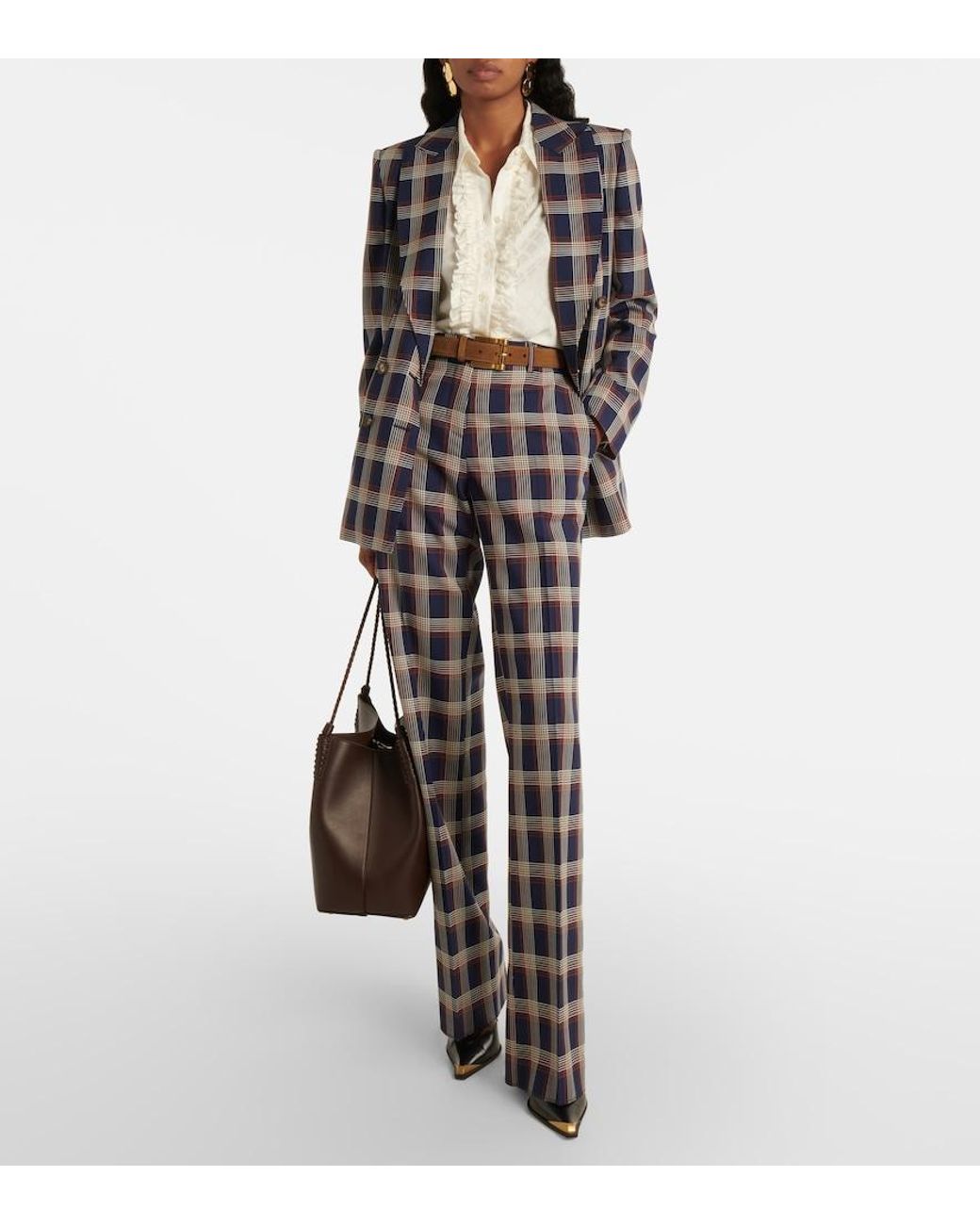 Etro Blue Checked High-Rise Wool Wide-Leg Pants