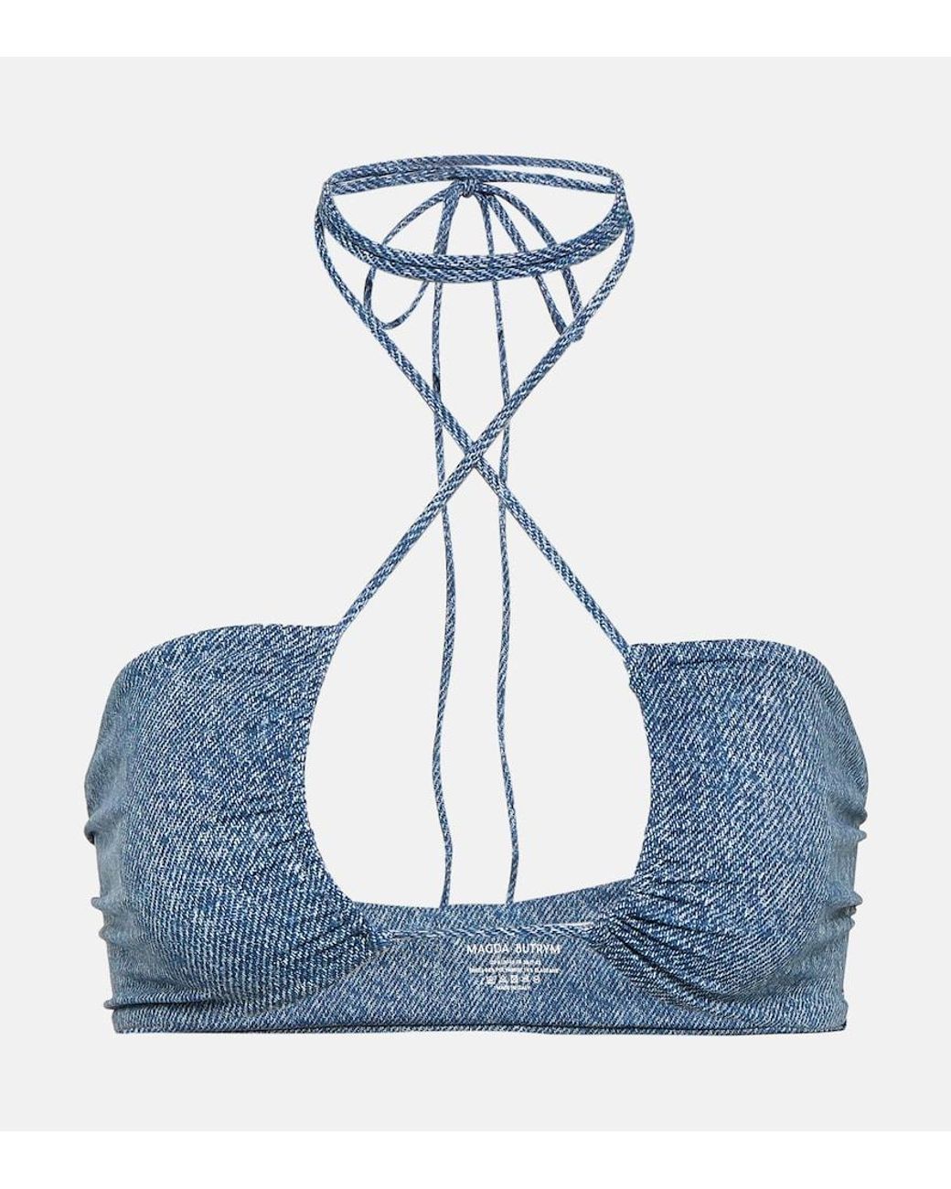 Magda Butrym Blue Denim-Printed Halterneck Bikini Top