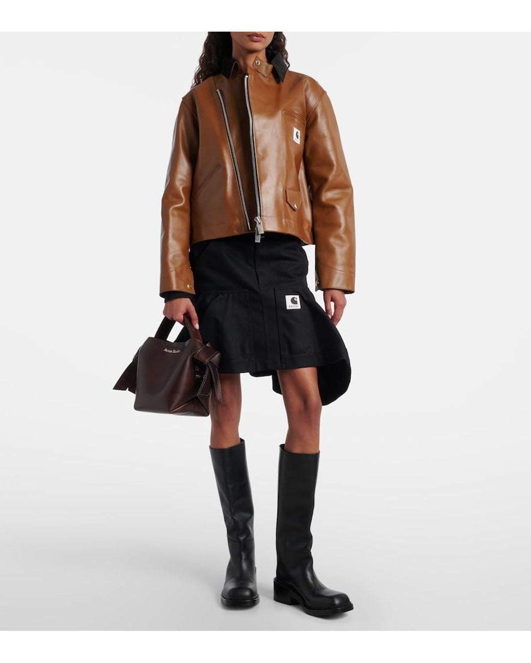 Sacai Brown X Carhartt Asymmetric Leather Jacket