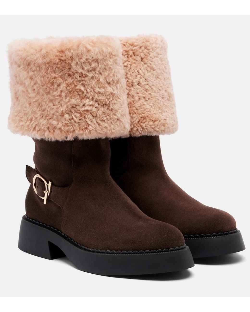 Ferragamo Brown Zaki Shearling-Lined Suede Knee-High Boots