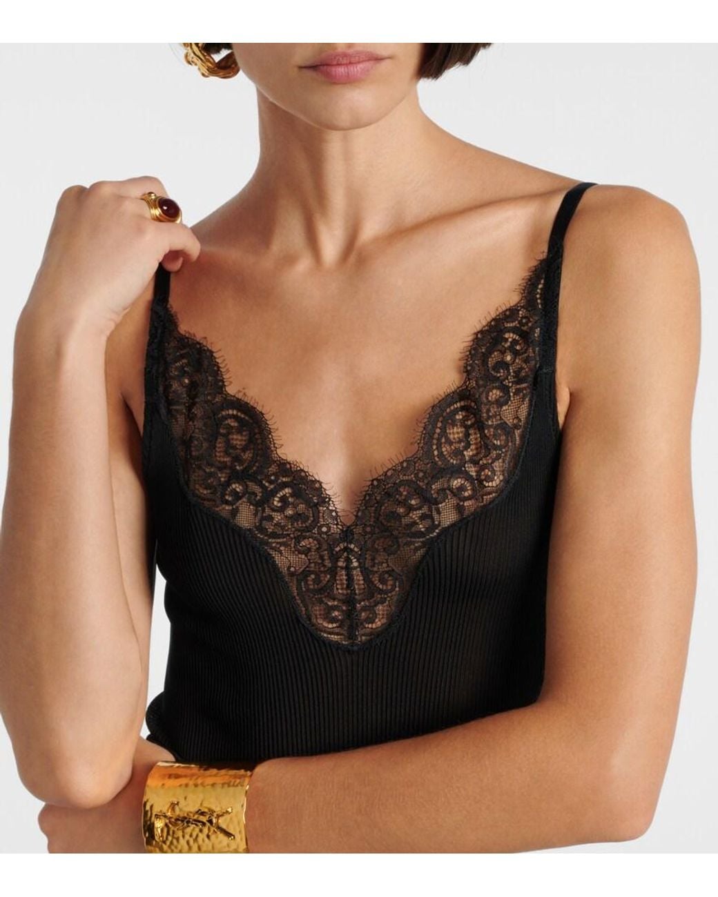 Saint Laurent Black Lace-Trimmed Silk Jersey Slip Dress