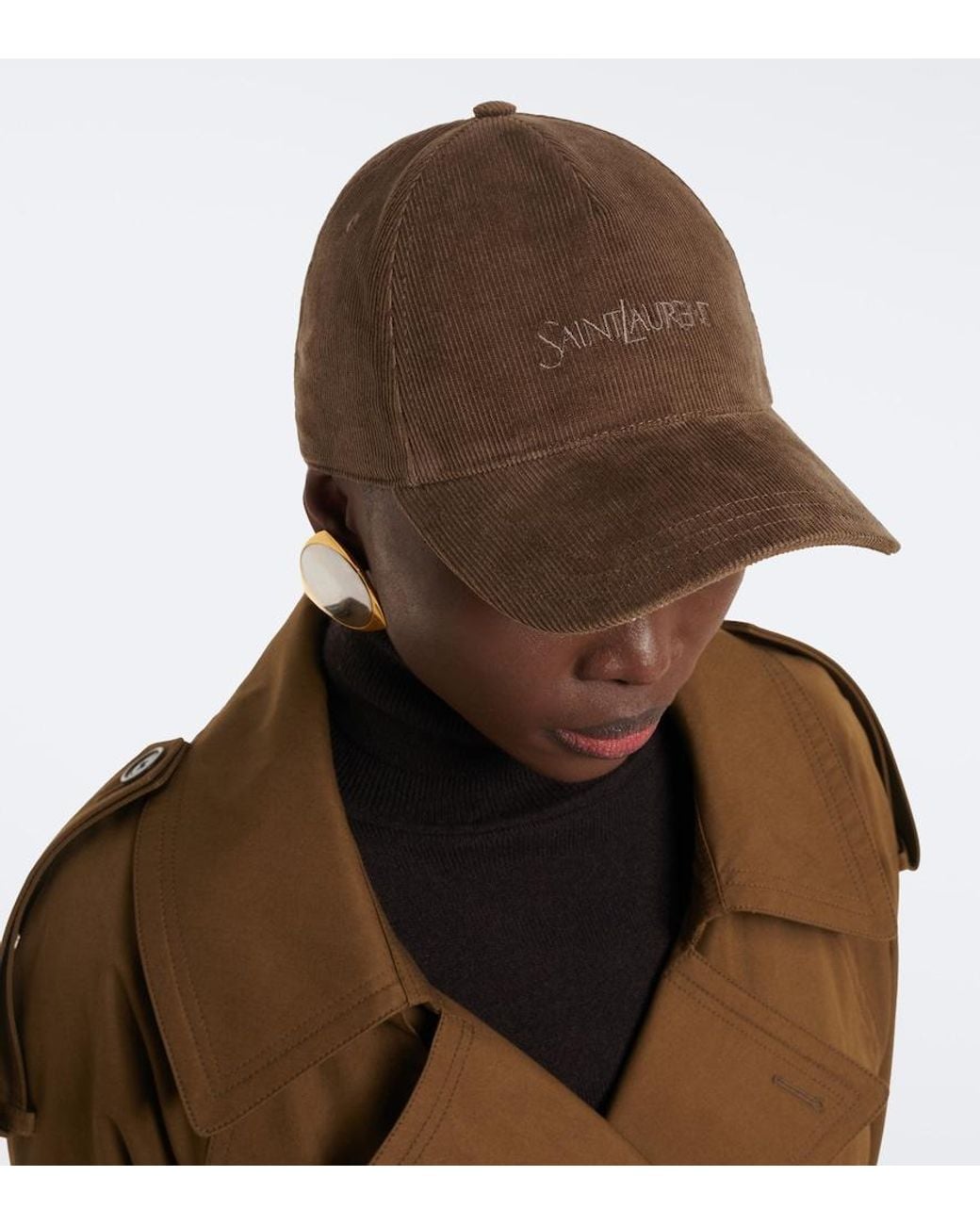 Saint Laurent Brown Corduroy Logo Baseball Cap