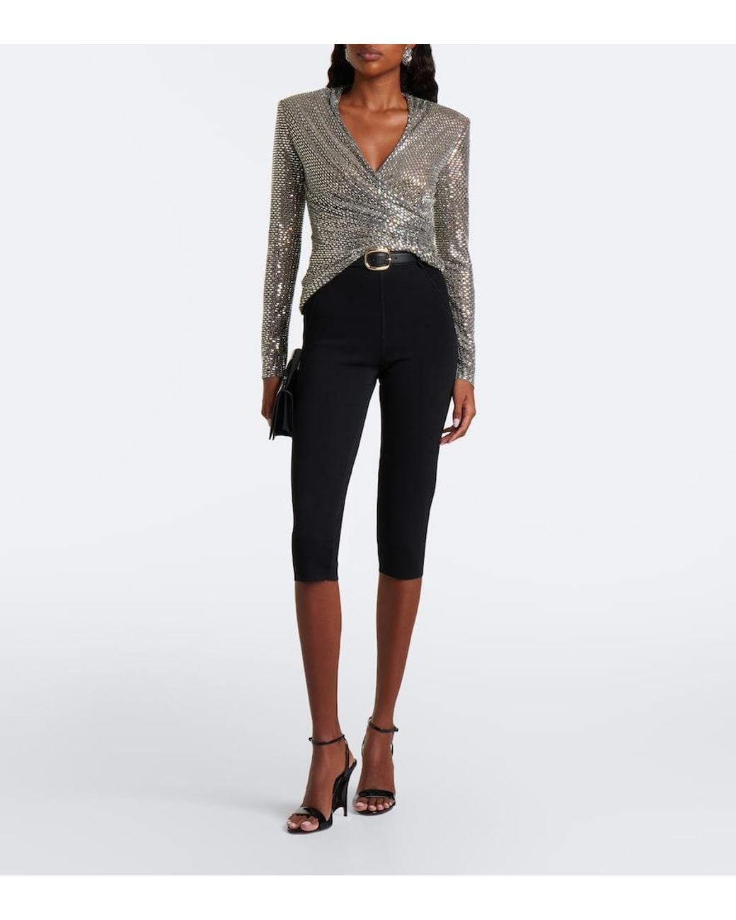 Self-Portrait Gray Rhinestone-Embellished Top