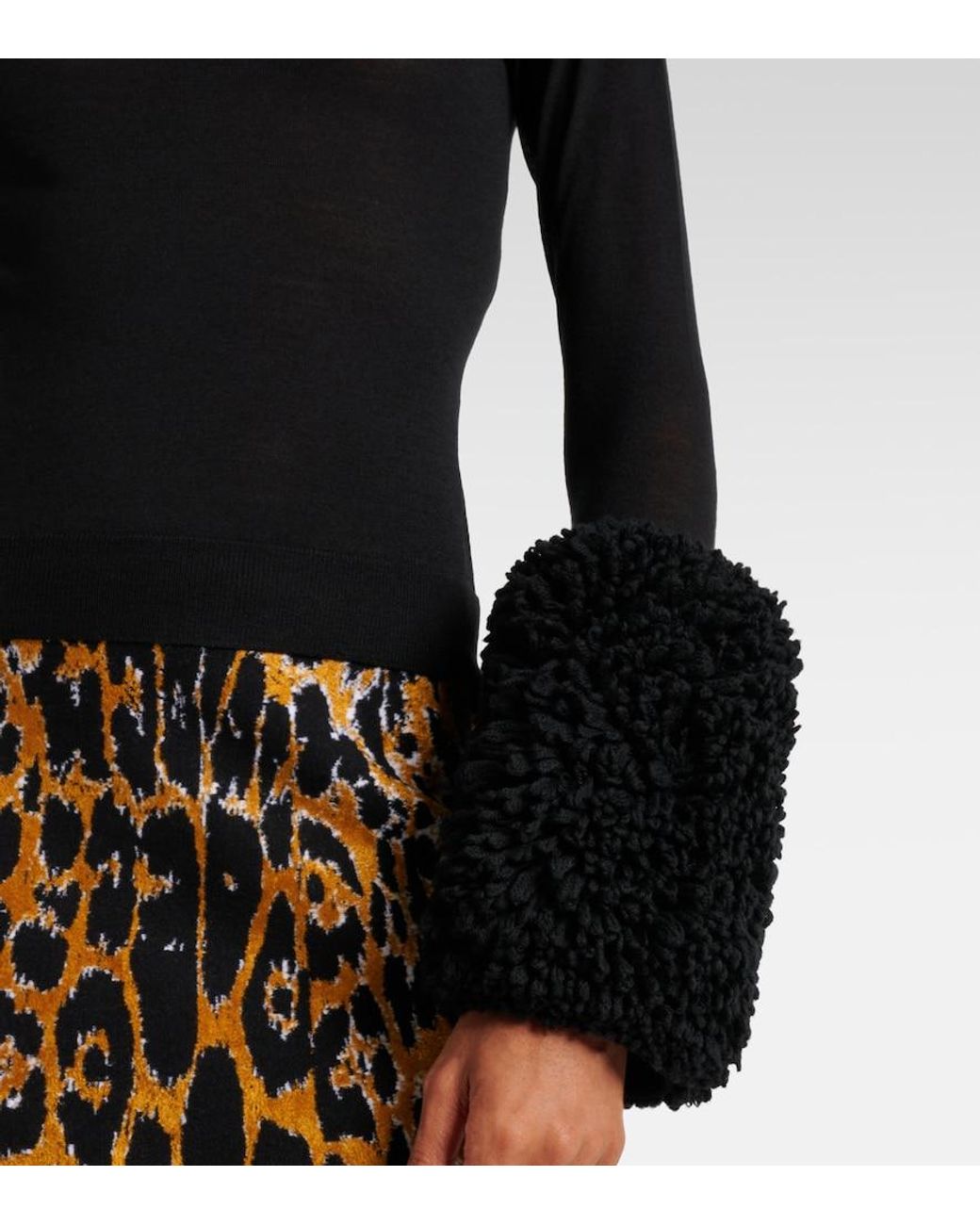 Alaïa Black Faux Fur-Trimmed Wool Turtleneck Top