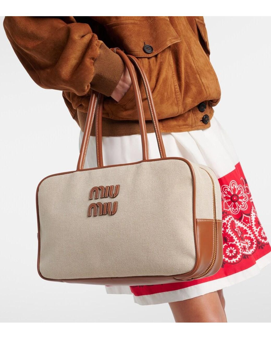 Miu Miu Natural Beau Leather-Trimmed Canvas Tote Bag