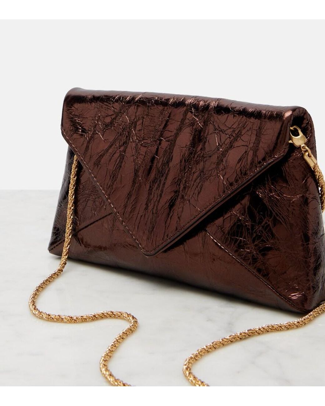 Dries Van Noten Brown Small Metallic Leather Clutch