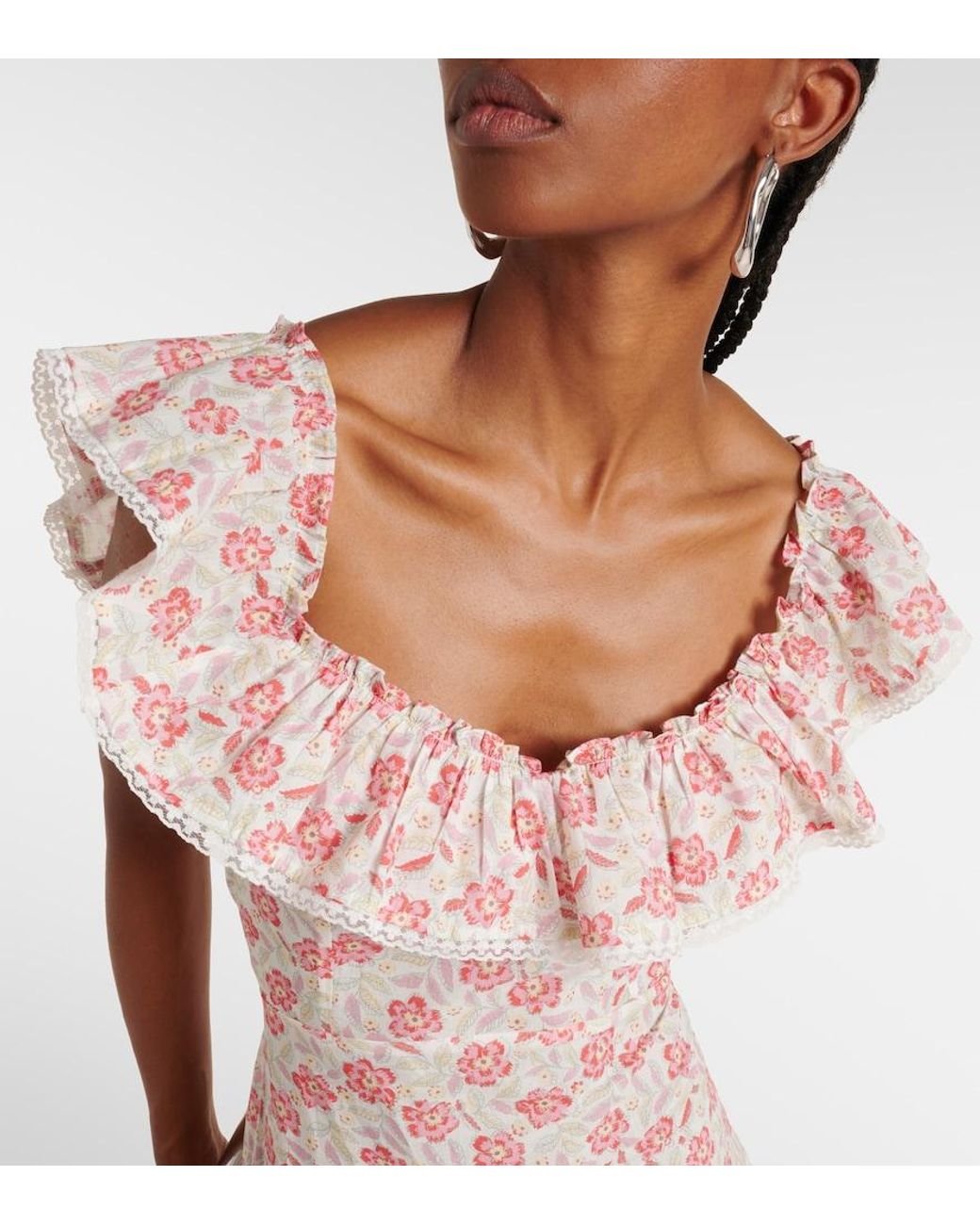 Rixo Pink Eugene Floral Ruffled Cotton Midi Dress