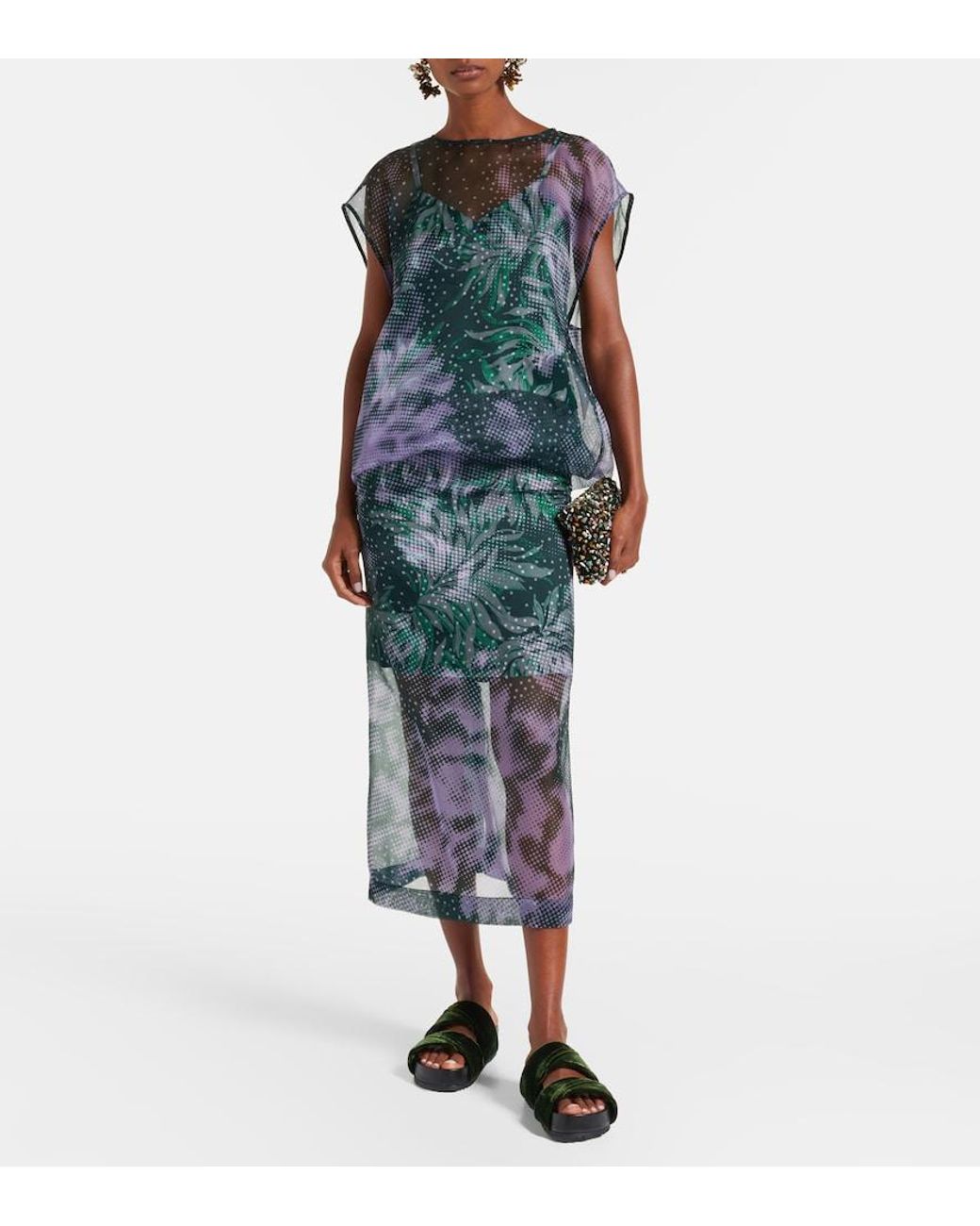 Dries Van Noten Gray Printed Silk-Blend Midi Skirt