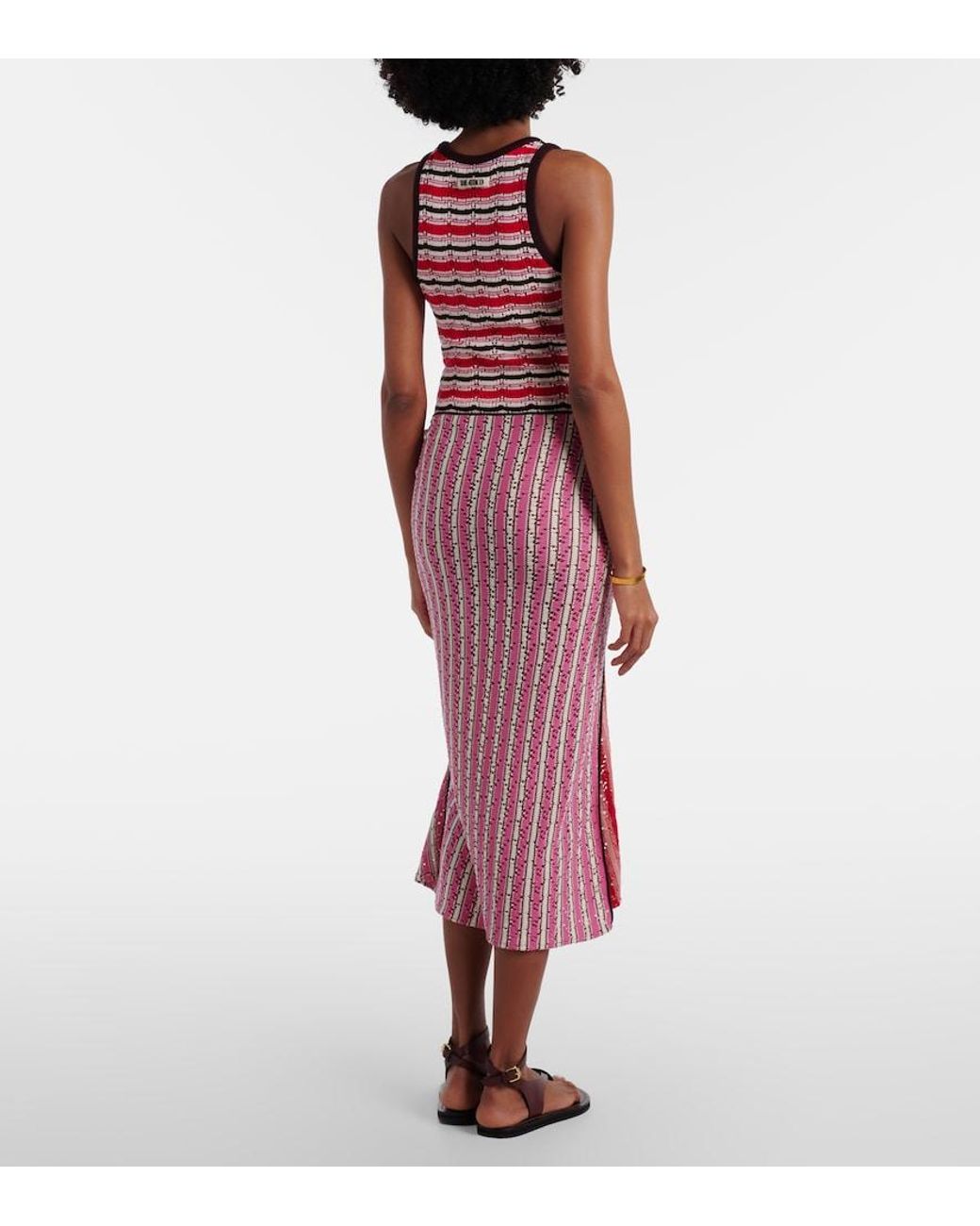 The Attico Red Striped Crochet Cotton Midi Dress