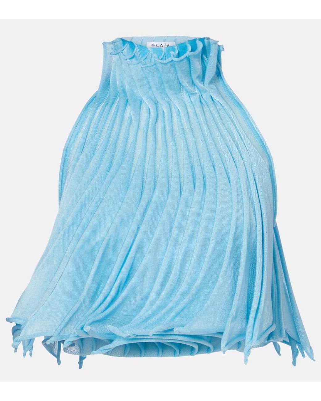 Alaïa Blue Cropped Pleated Knitted Turtleneck Top