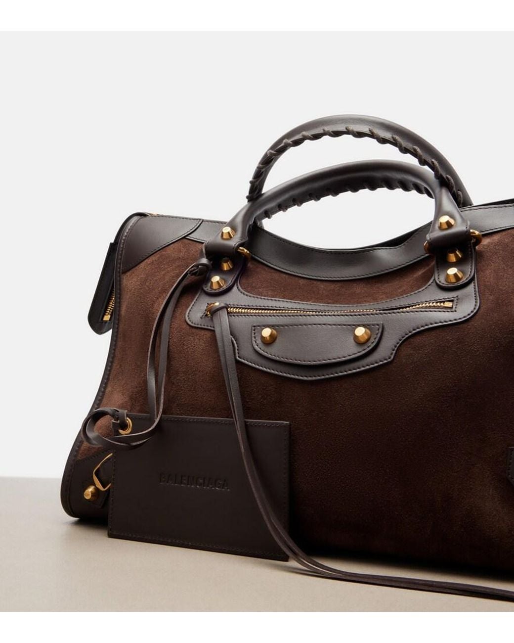 Balenciaga Brown Le City Medium Leather-Trimmed Suede Top-Handle Bag