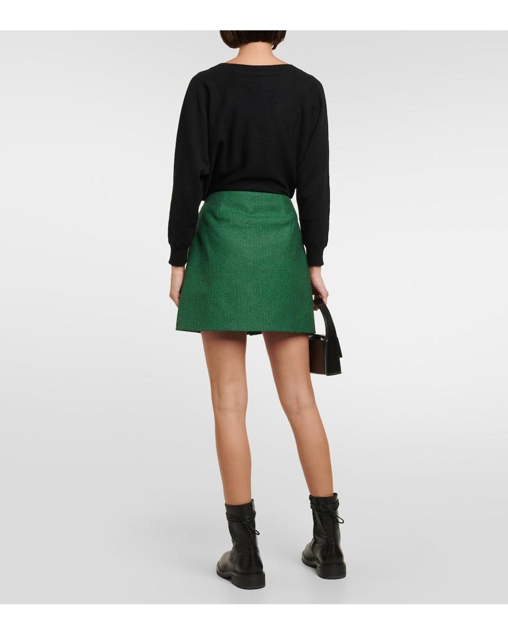 Plan C Green Pleated Wool-Blend Miniskirt