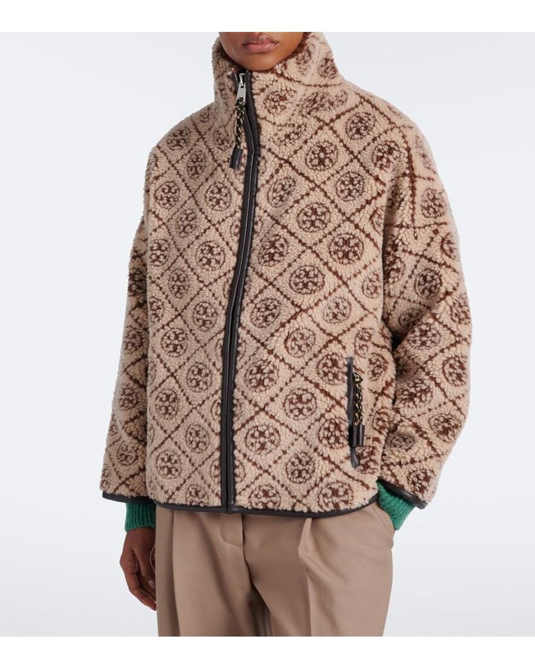 Tory Burch Brown T Monogram Printed Teddy Jacket