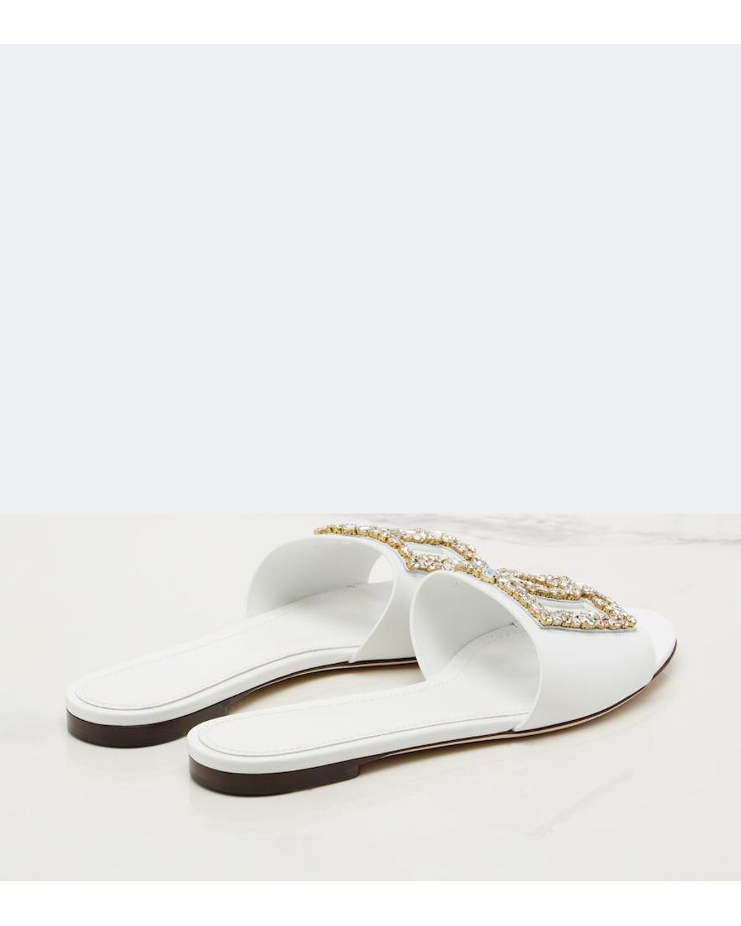 Dolce & Gabbana White Dg Embellished Leather Slides