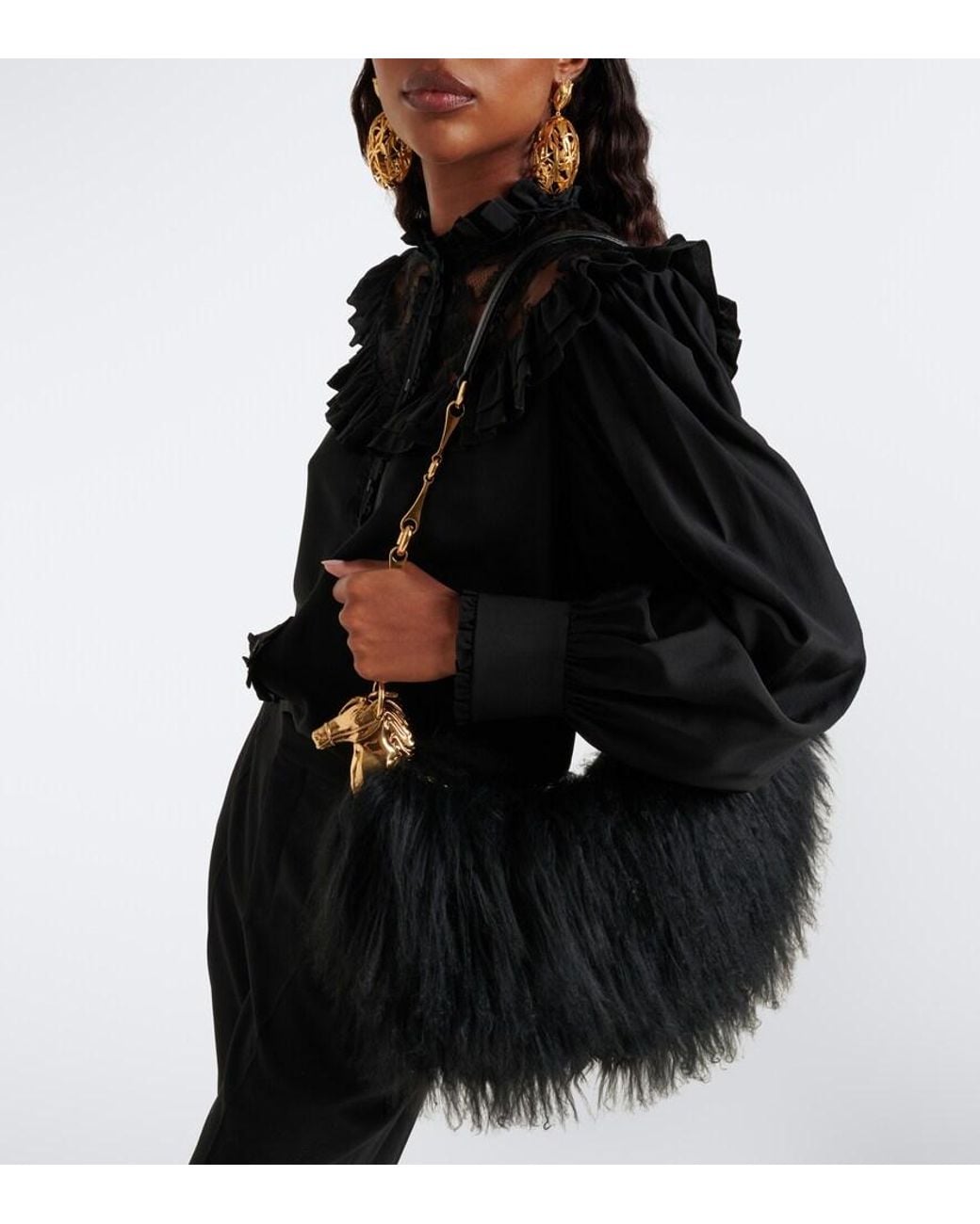 Chloé Black Chain Horse Large Shearling Shoulder Bag