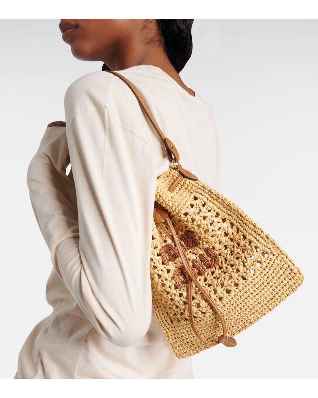 Miu Miu Logo Leather-Trimmed Raffia Bucket Bag in Metallic