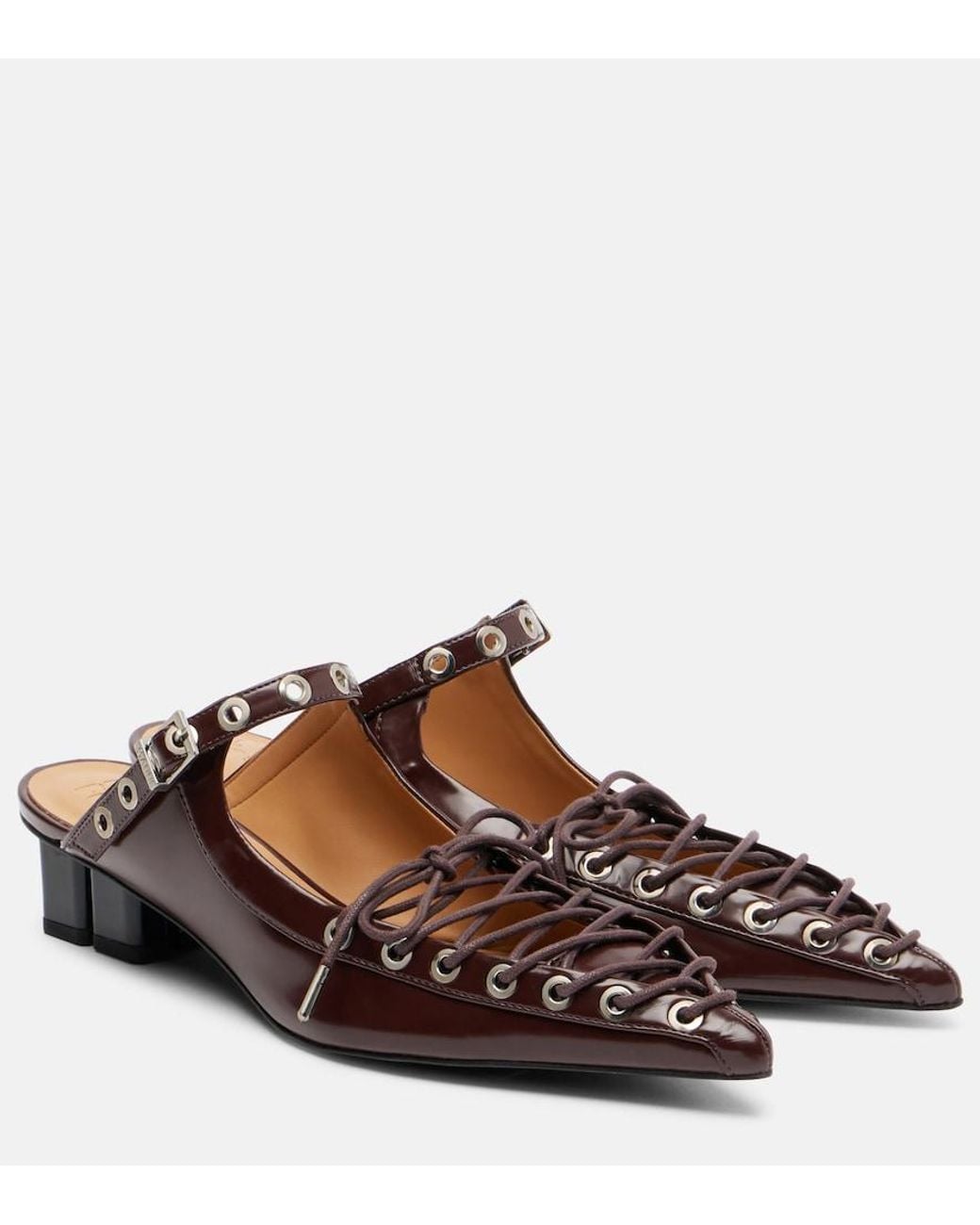 Ganni Eyelets 35 Lace-Up Mules in Brown | Lyst