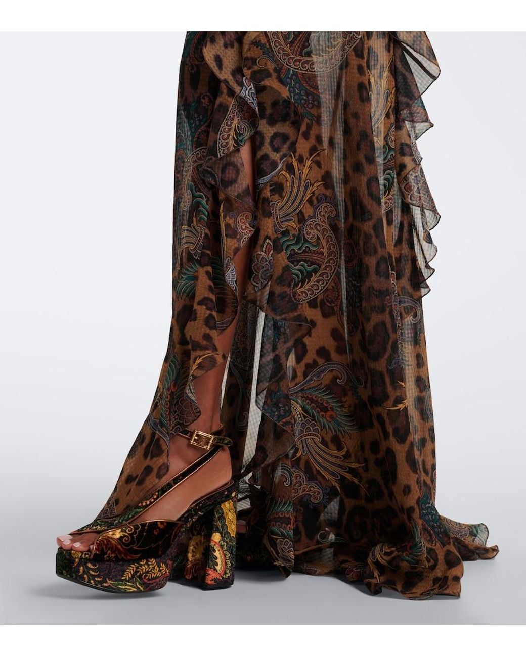 Etro Brown Printed Ruffled Seersucker Gown