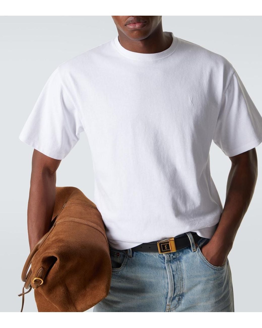 Saint Laurent White Cropped Cotton Jersey T-Shirt for men
