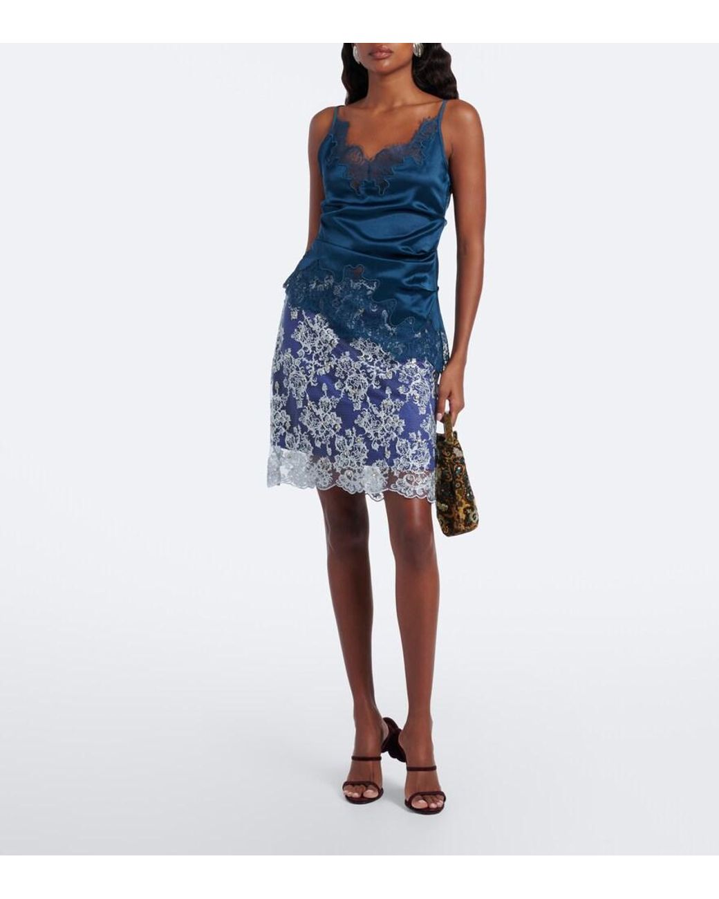 JACQUES WEI Blue Ruched Lace-Trimmed Satin Camisole