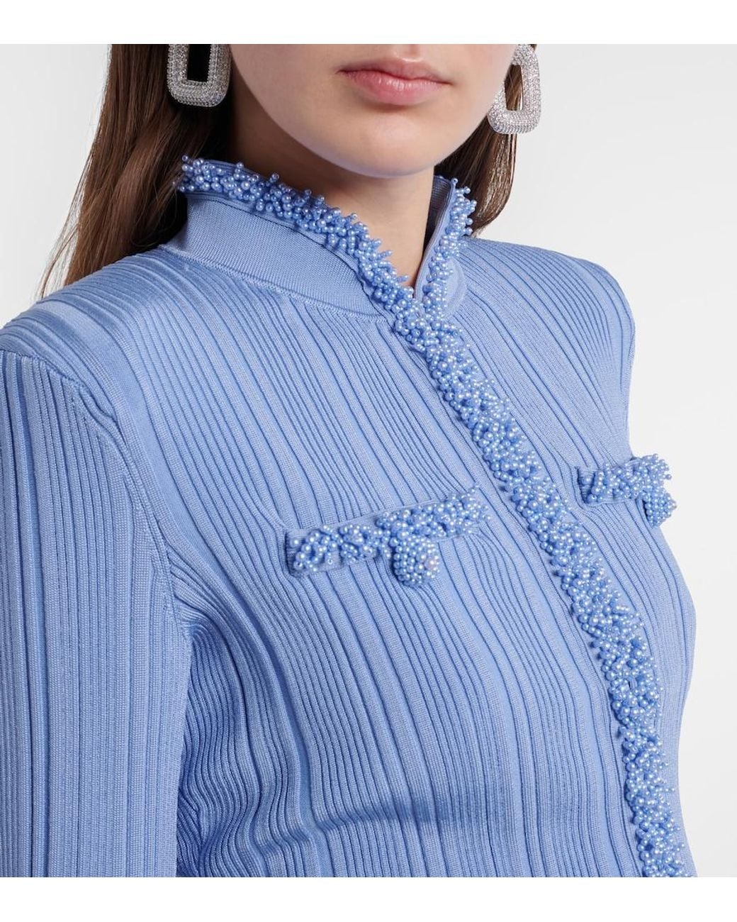 Self-Portrait Blue Beaded Ribbed-Knit Cardigan