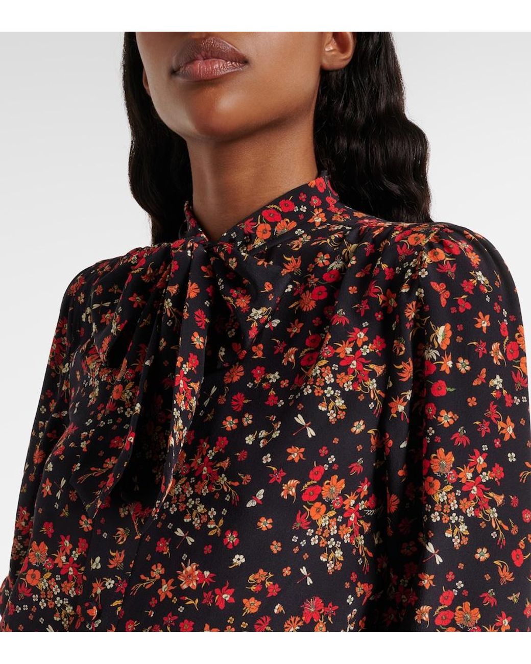 Gucci Red Bow-Detail Floral Silk Blouse