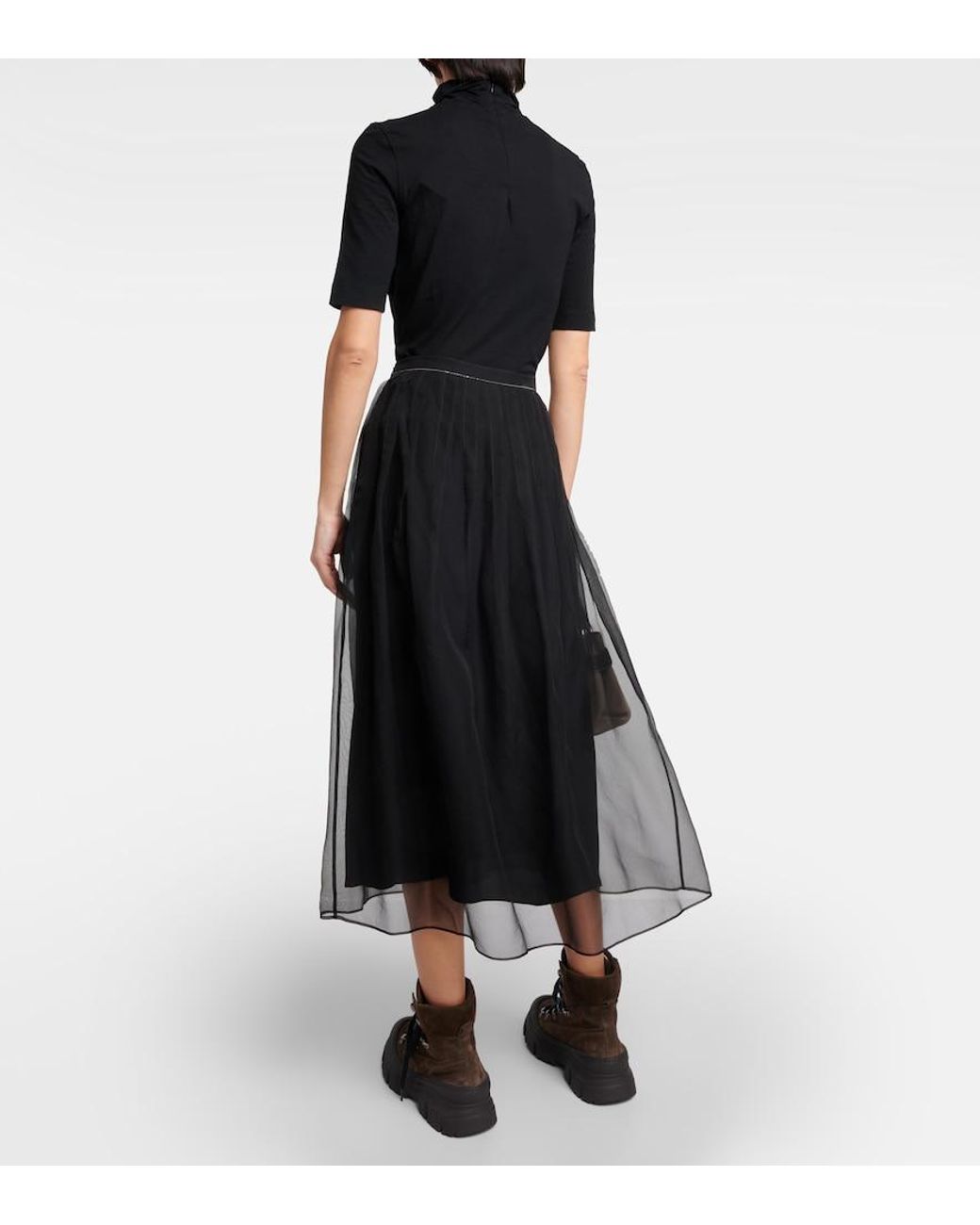 Brunello Cucinelli Black Embellished Pleated Silk Midi Skirt