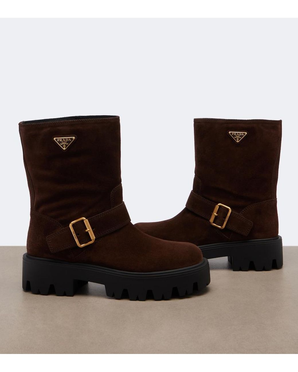 Prada Brown Logo Suede Biker Boots