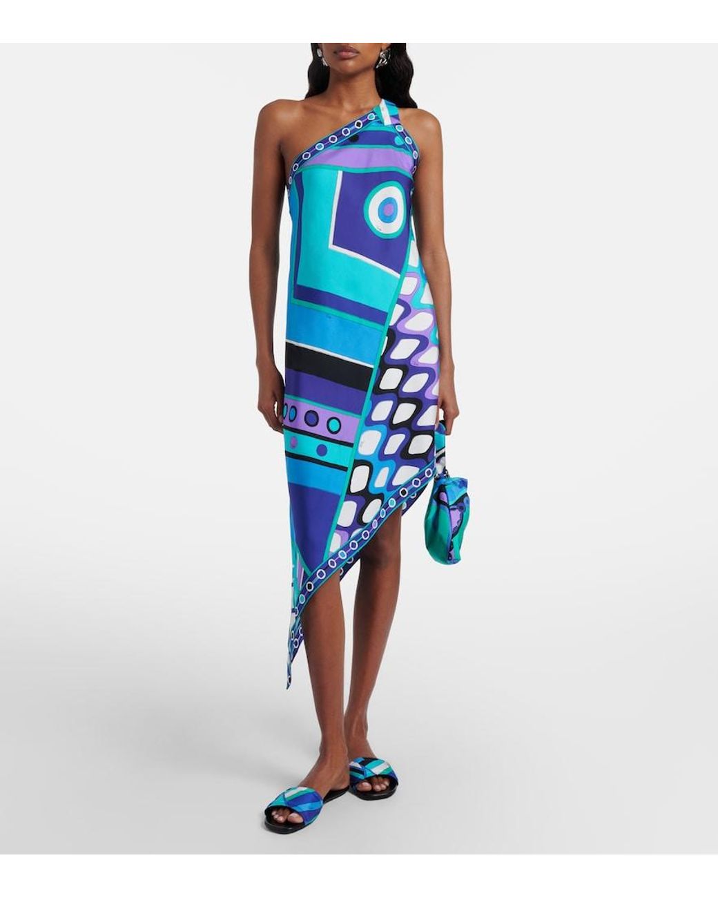 Emilio Pucci Blue Vivara Asymmetric Silk Twill Midi Dress