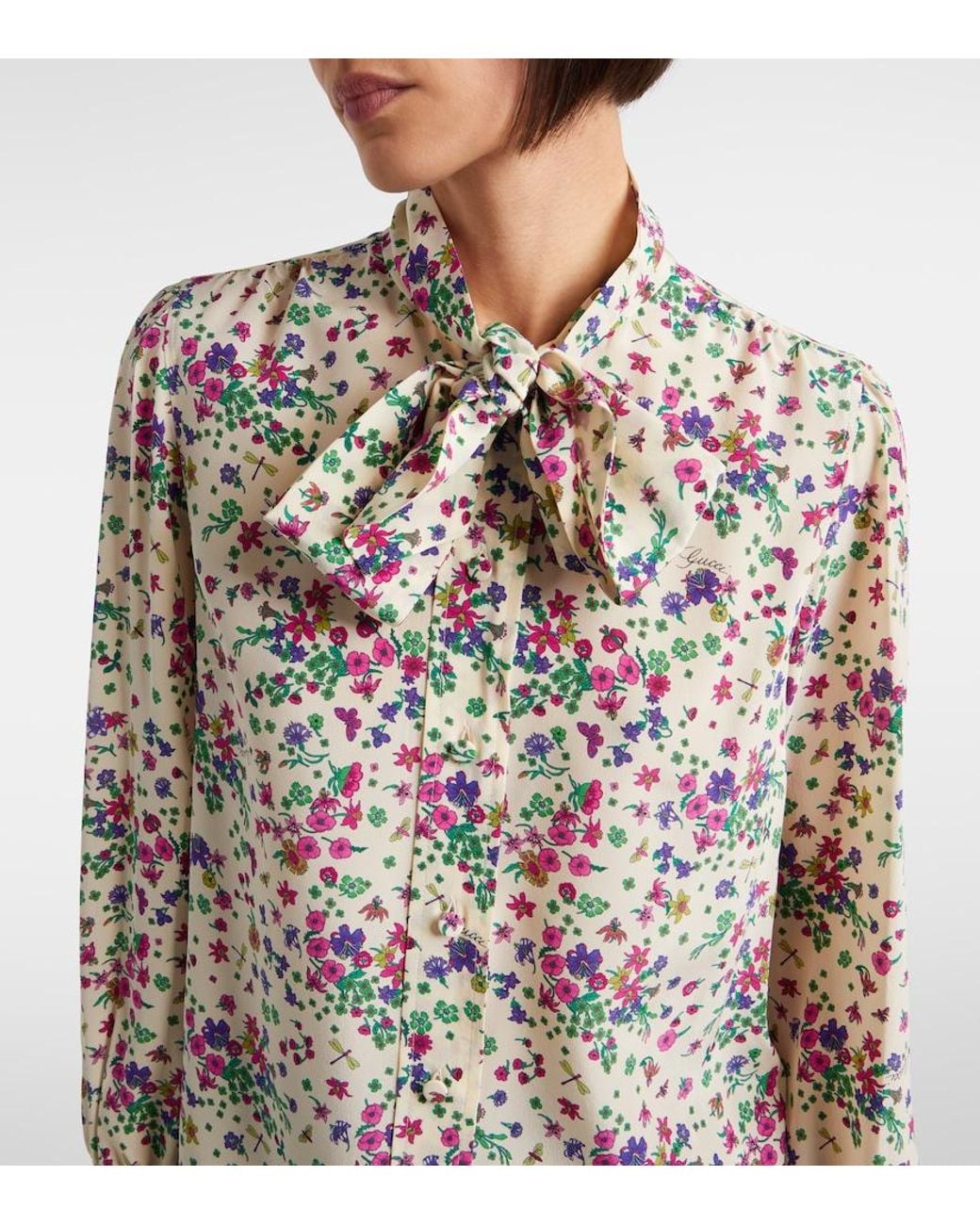Gucci White Floral Tie-Neck Silk Shirt