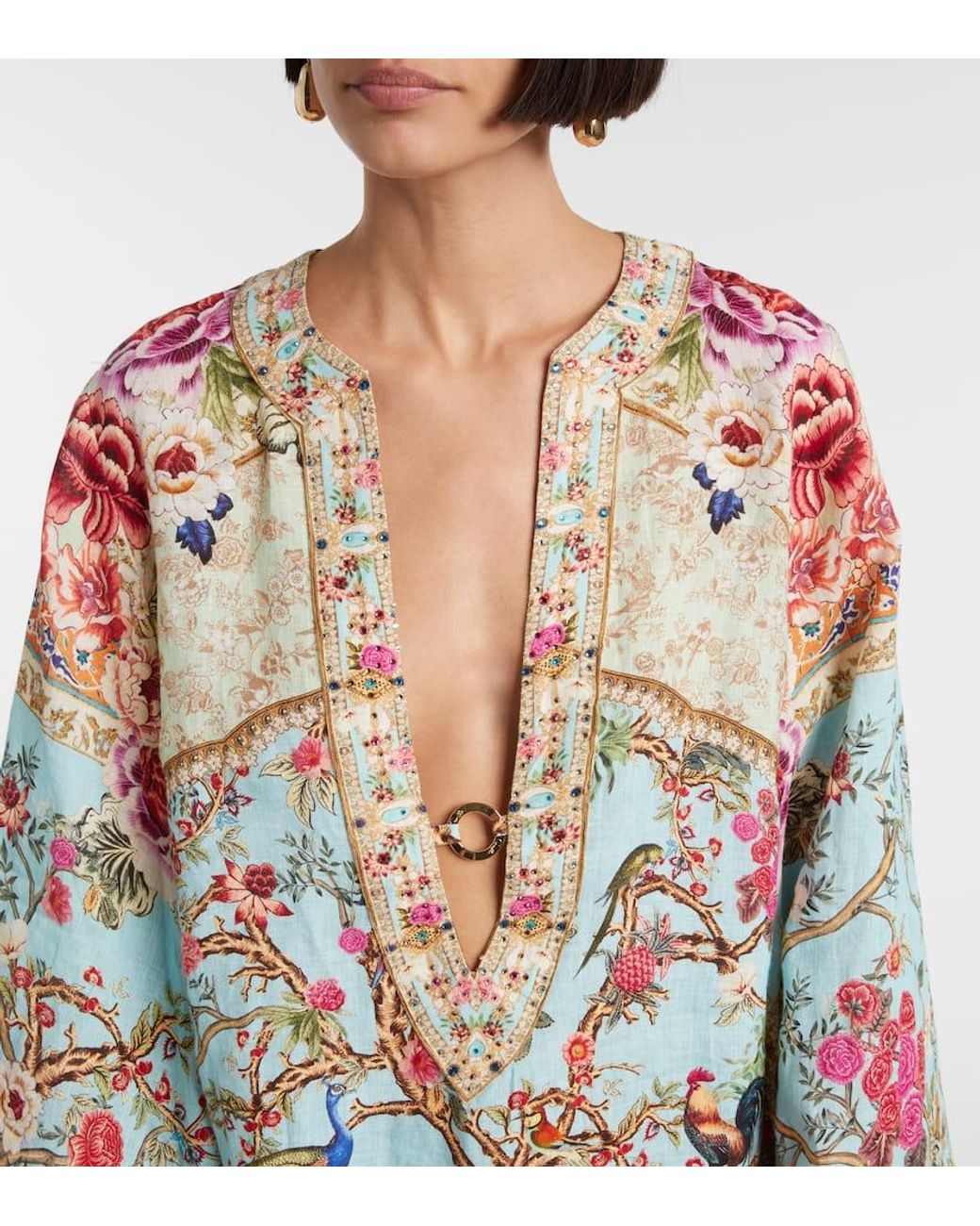 Camilla Multicolor Embellished Printed Ring-Detail Linen Kaftan