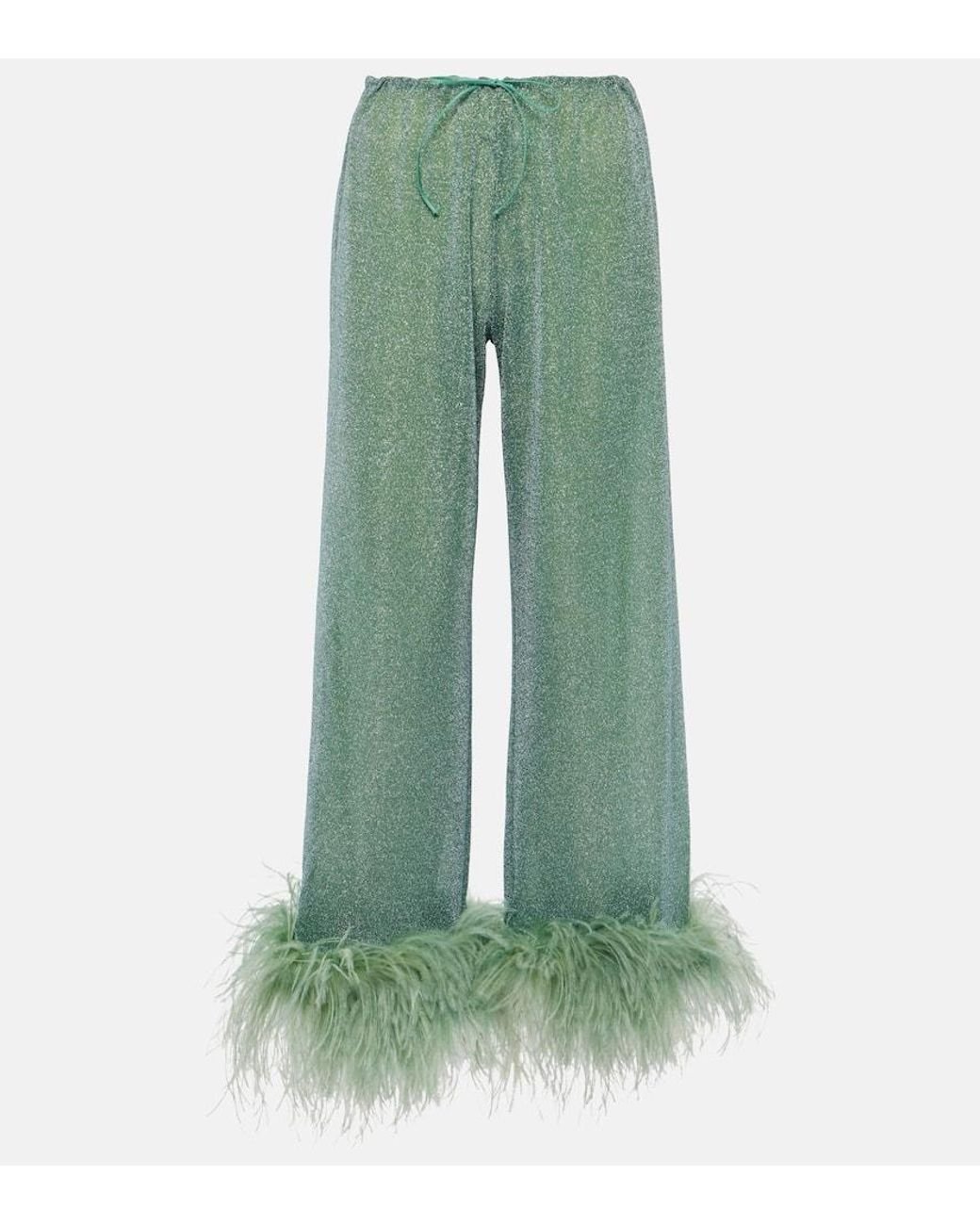 Oséree Lumiere Plumage Feather-Trimmed Lame Pants in Green