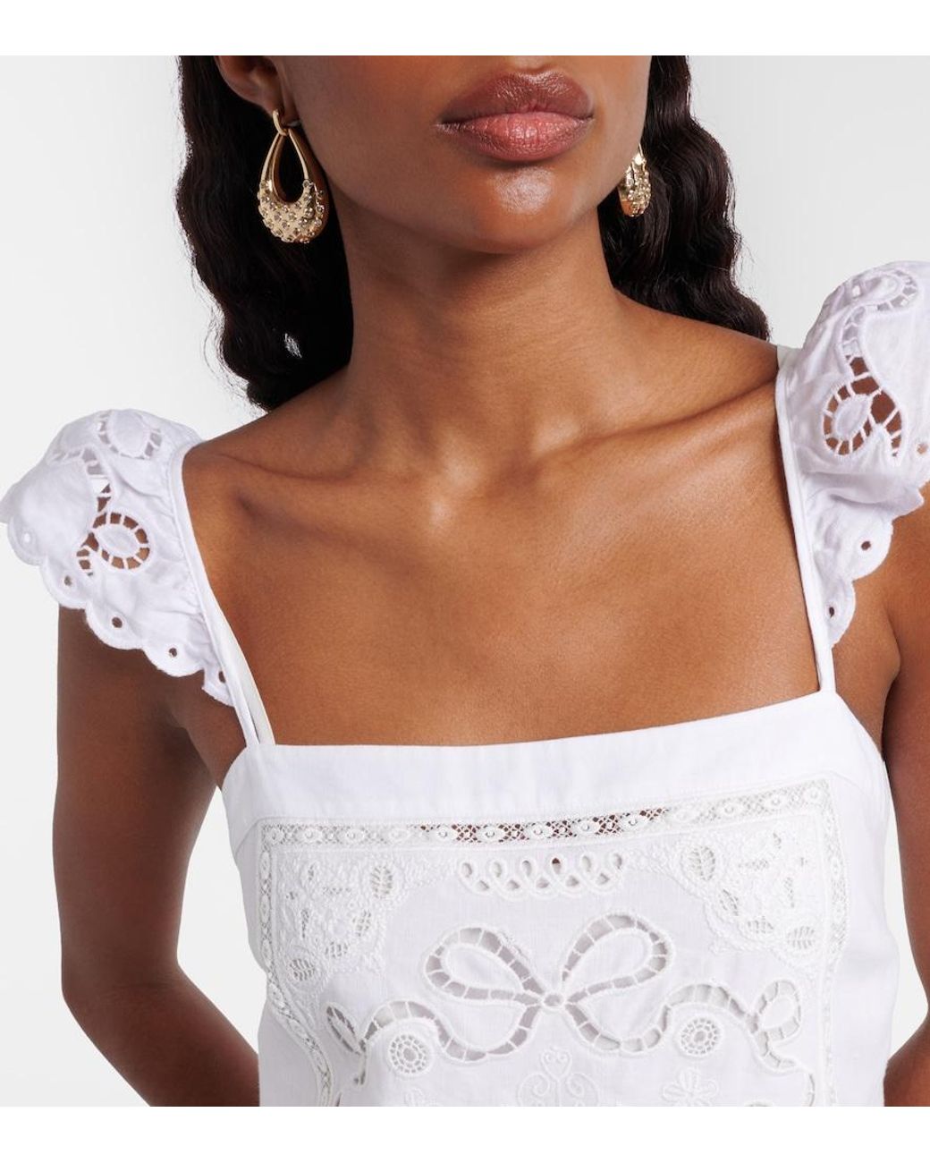 Self-Portrait White Embroidered Linen And Cotton Poplin Minidress